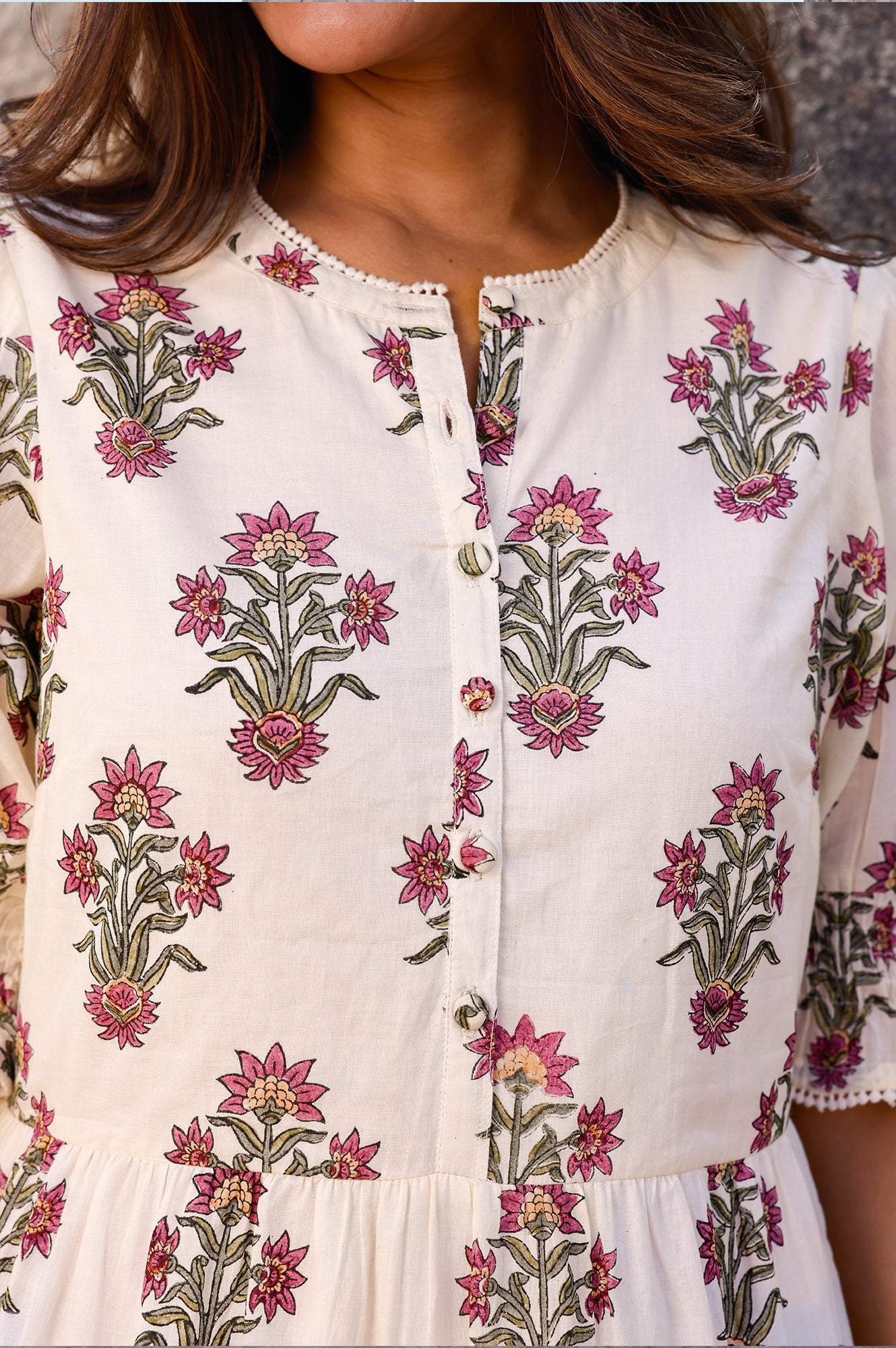 Cordelia Organic Cotton Block Print Dress | Antique Wildflower Cream/Red/Green