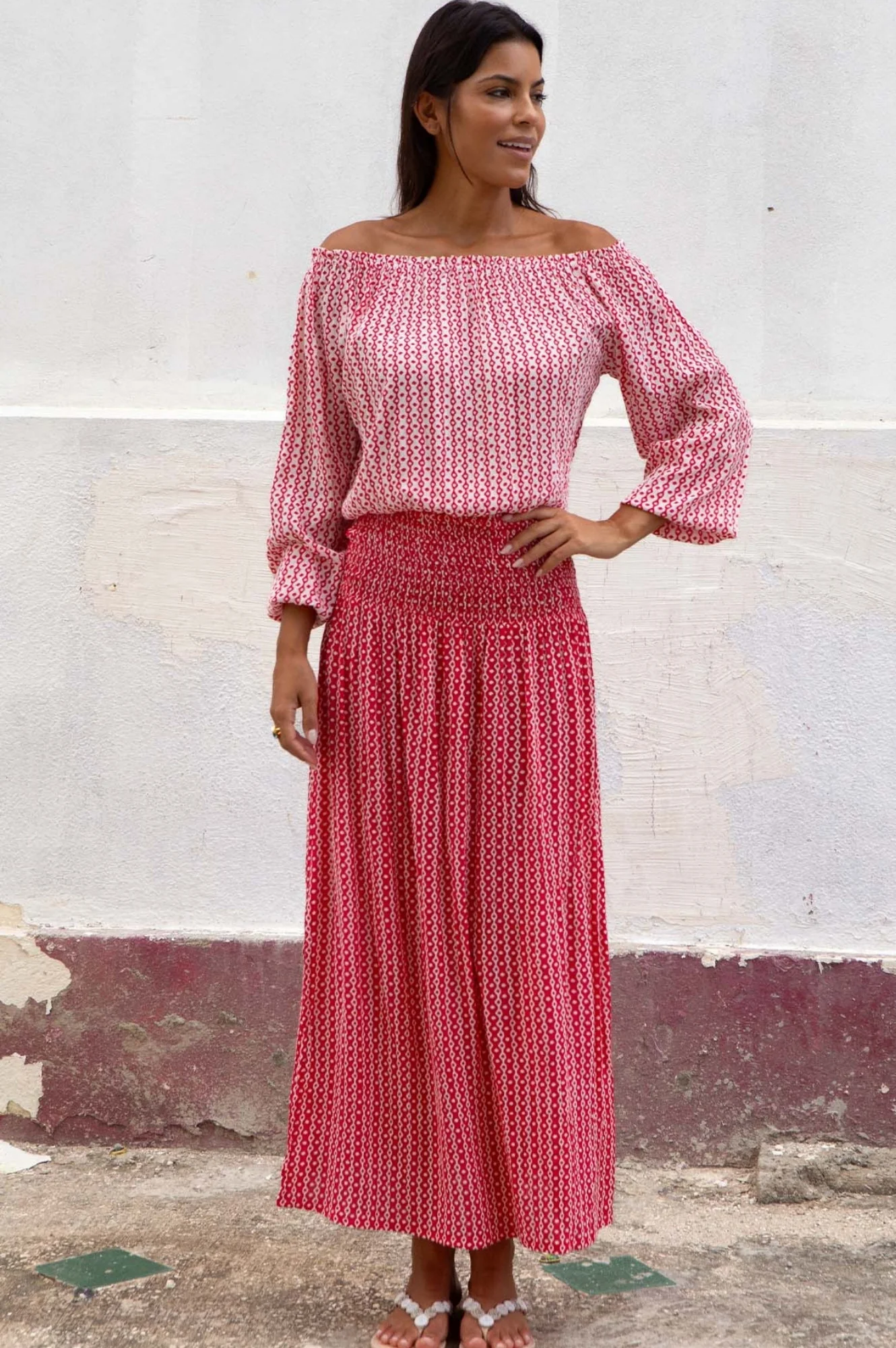 Ilana Long Sleeve Frill Top | Santorini White/Red