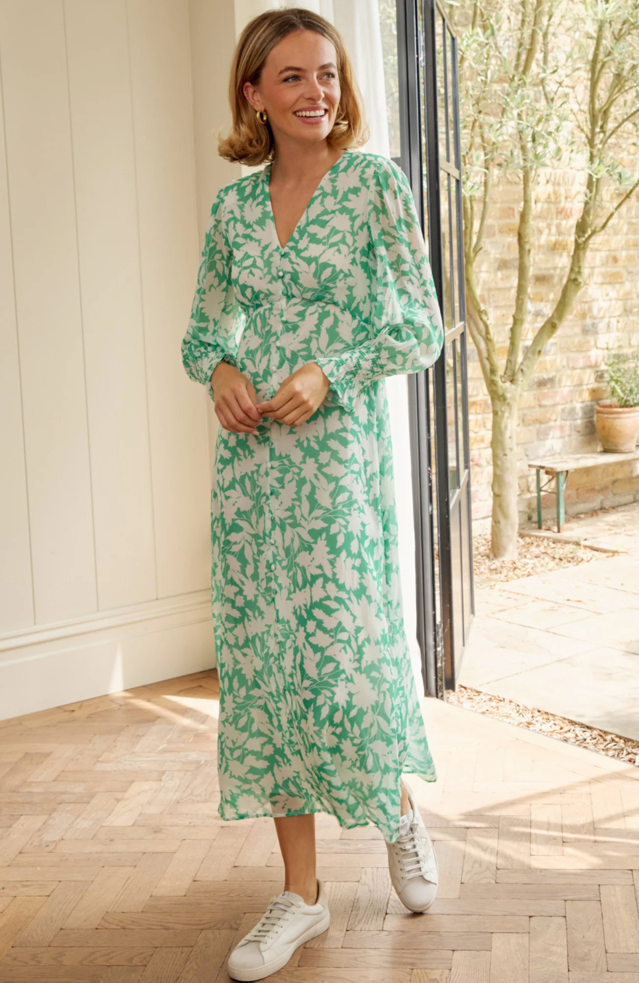 Long Sleeve Sally Anne Dress | Clematis Vines Green/Ivory