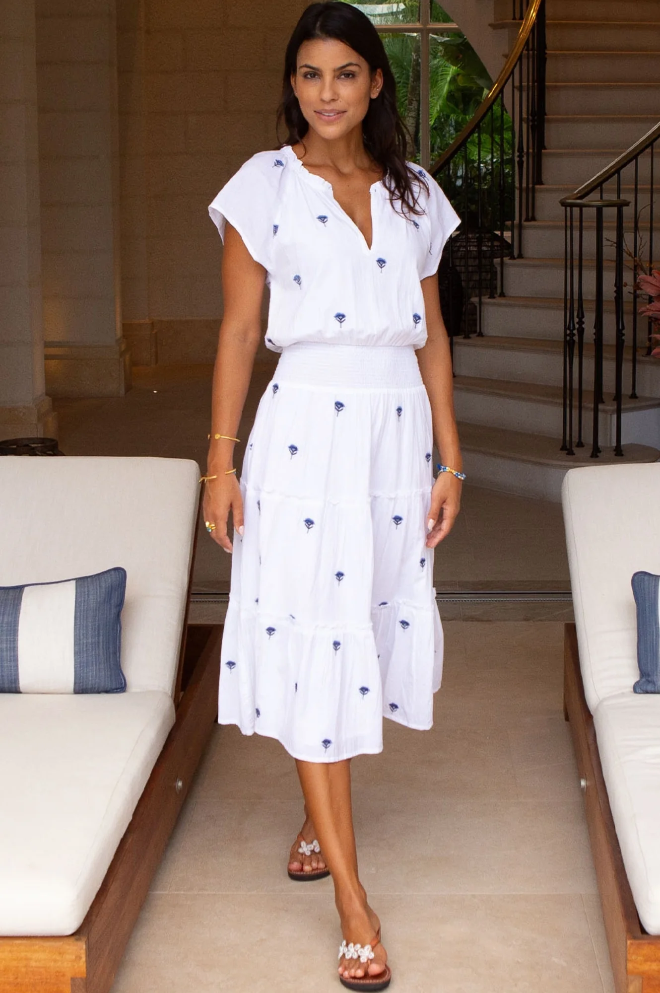 Riley Embroidered Organic Cotton Dress | White/Blue