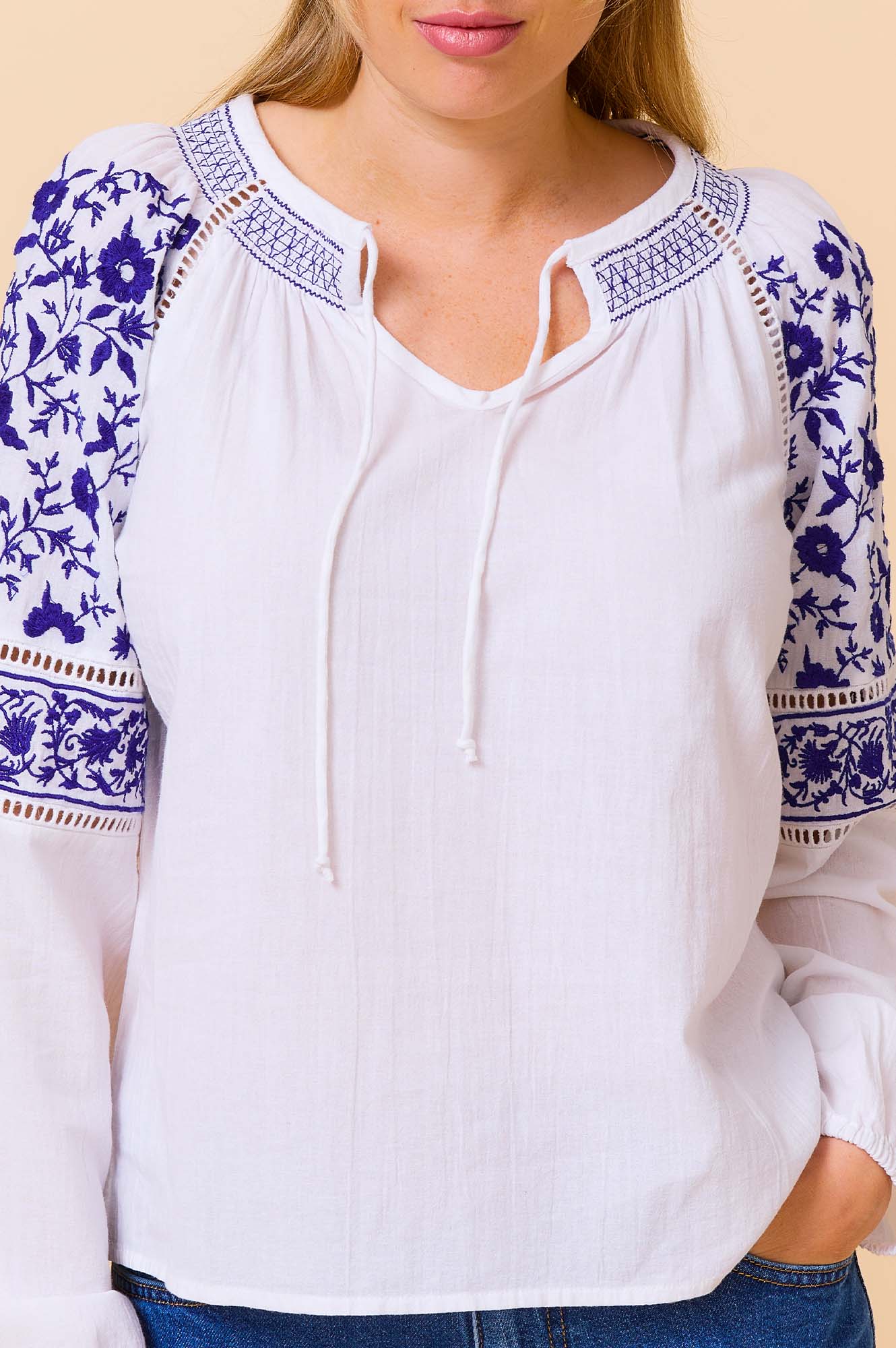 Ida Embroidered Cotton Top | White/Cobalt