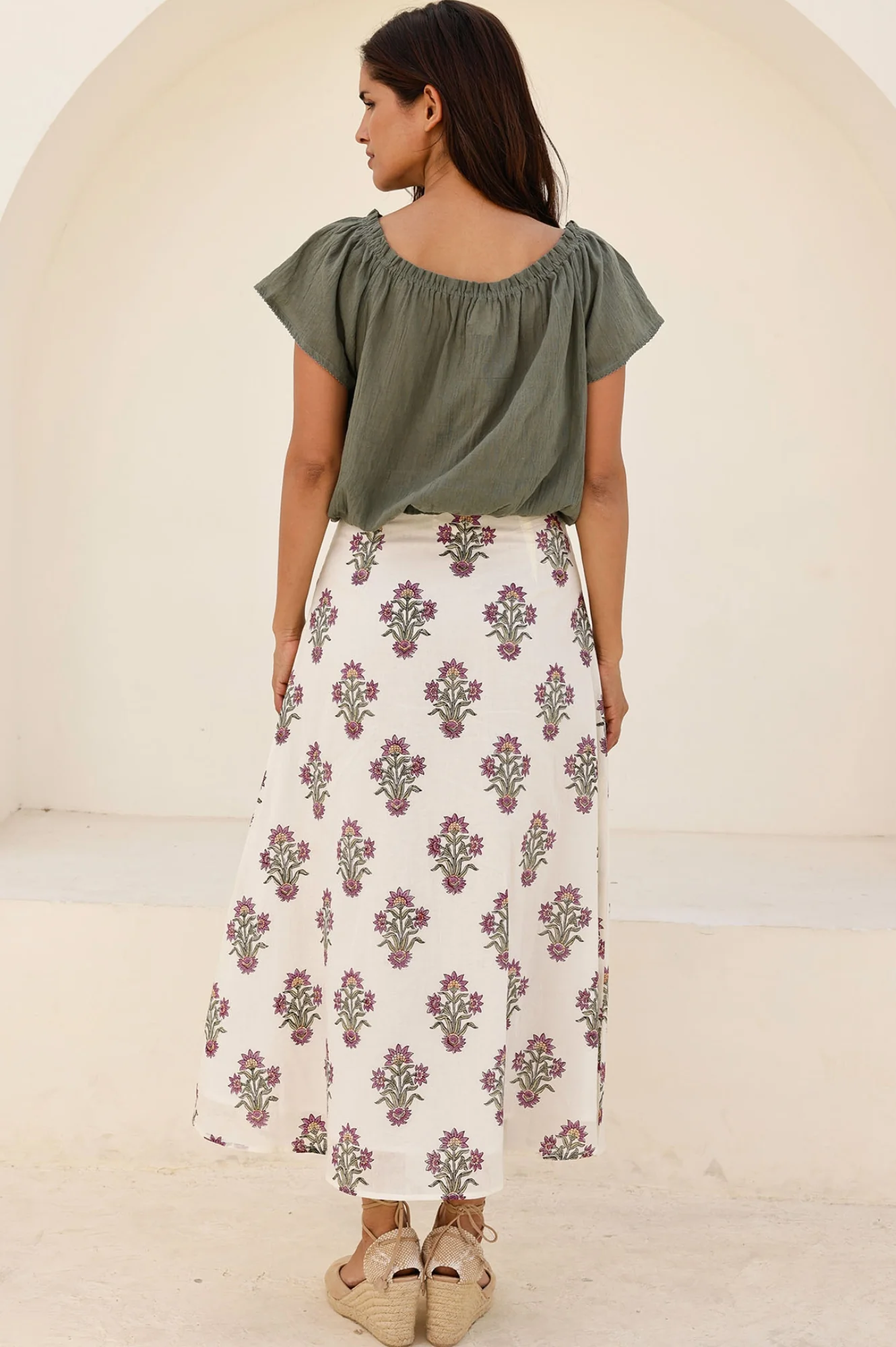 Neve Organic Cotton Block Print Skirt | Antique Wildflower Cream/Red/Green