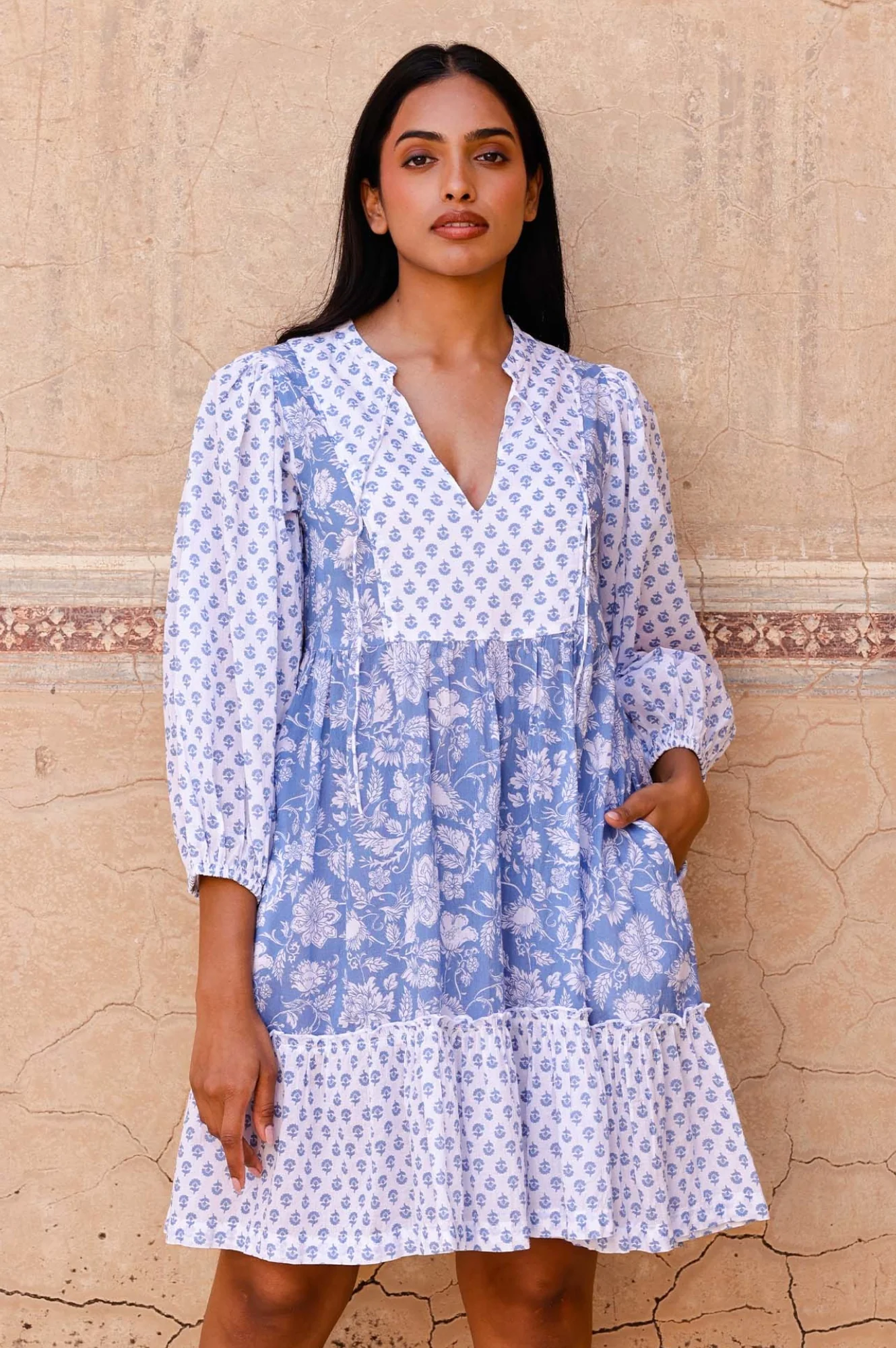 Marina Organic Cotton Print Mix Dress | Blossom Print Blue/White