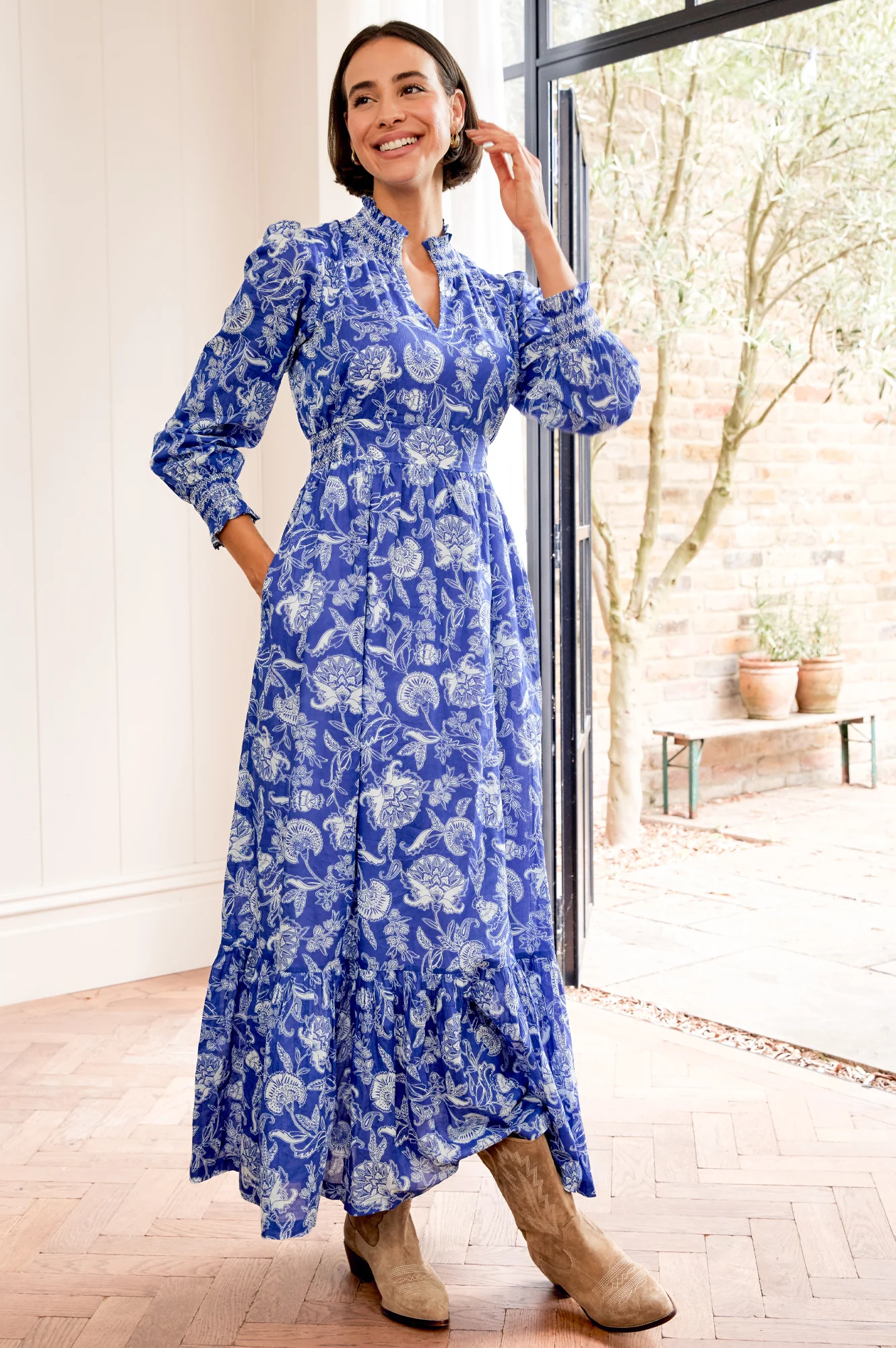 Emmeline Organic Cotton Maxi Dress | Camelia Cobalt/White