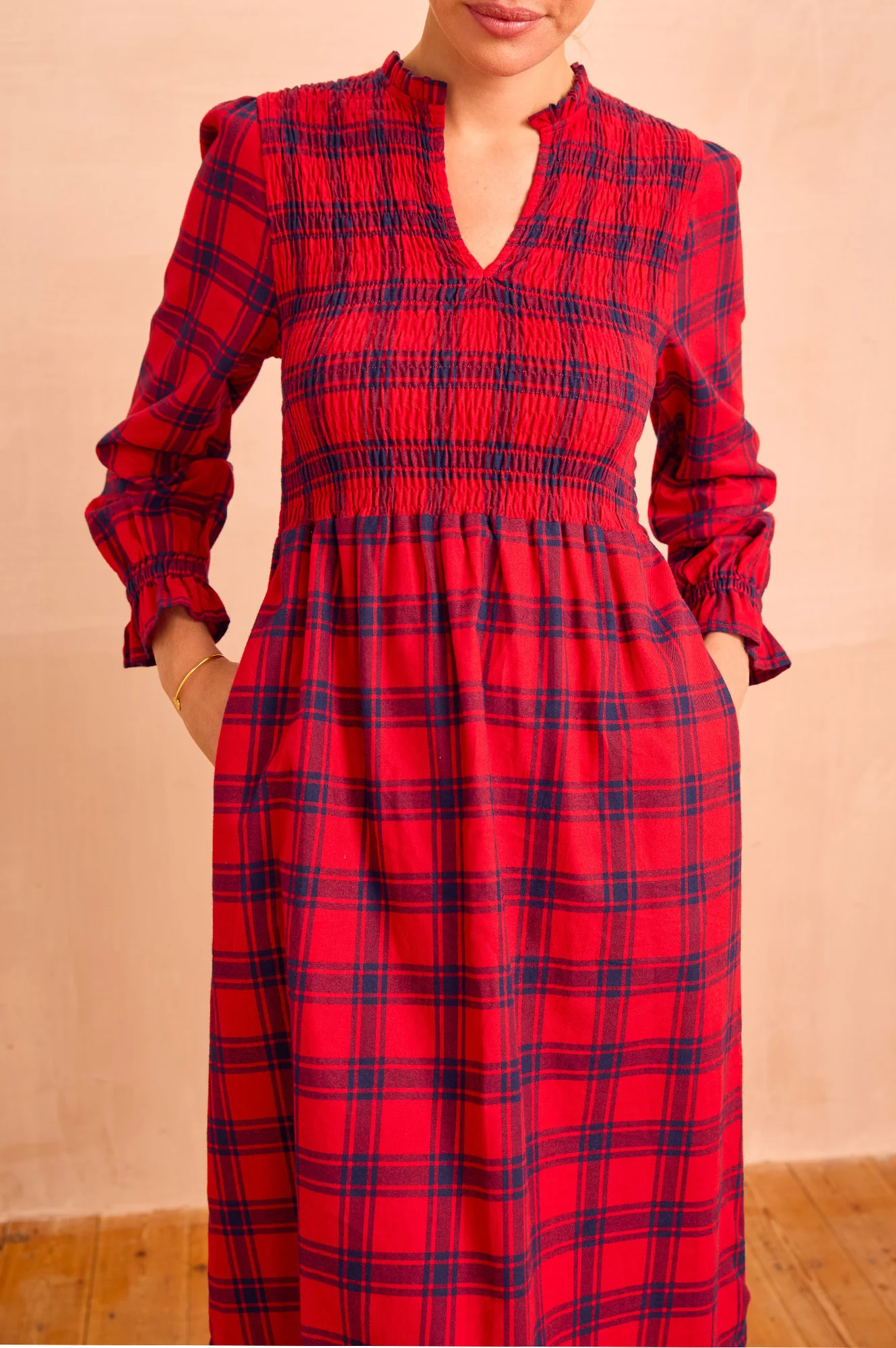 Laura Brushed Cotton Checked Dress | Red Check