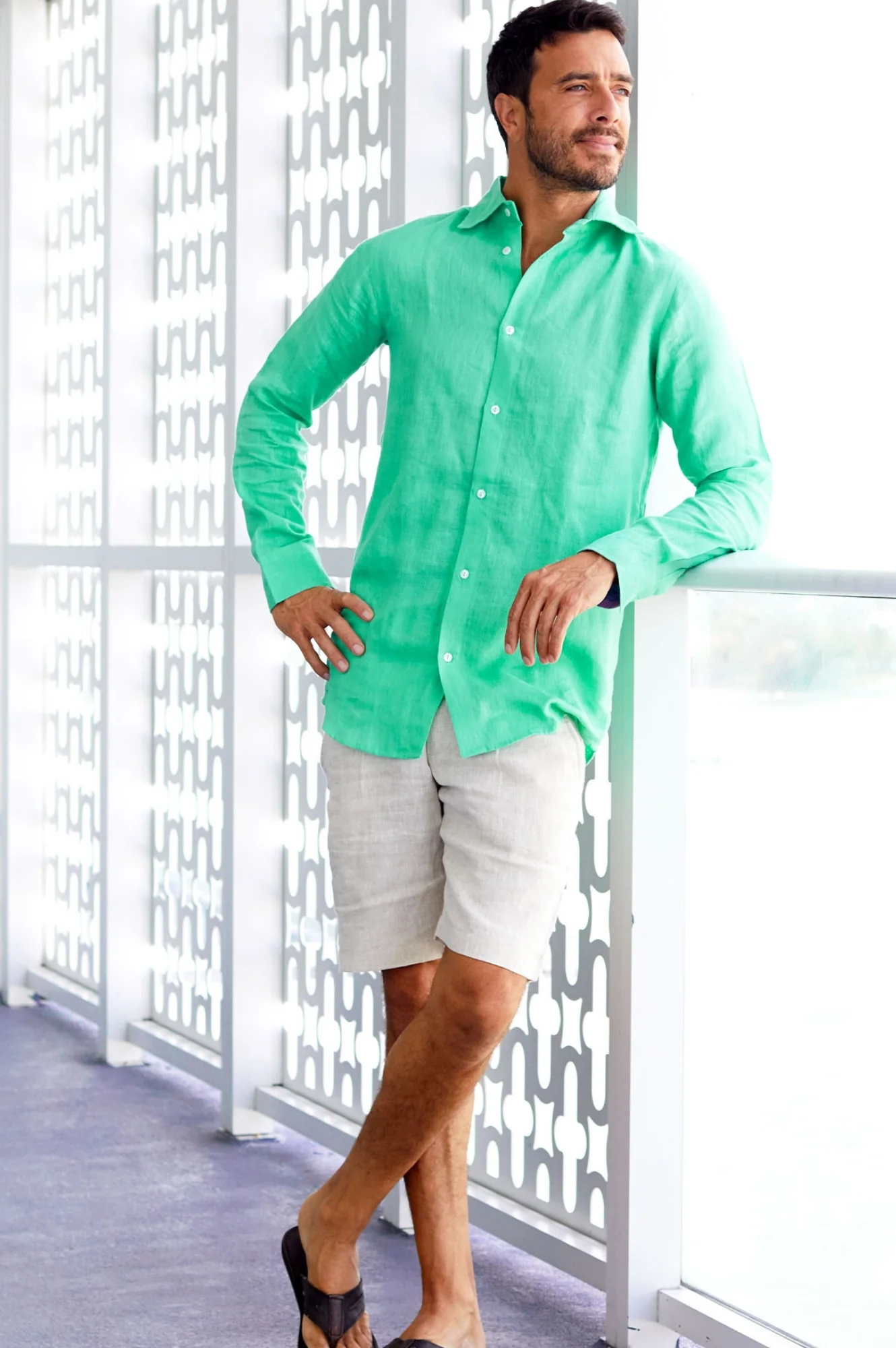 Men's Linen Shirt | Green/Light Purple