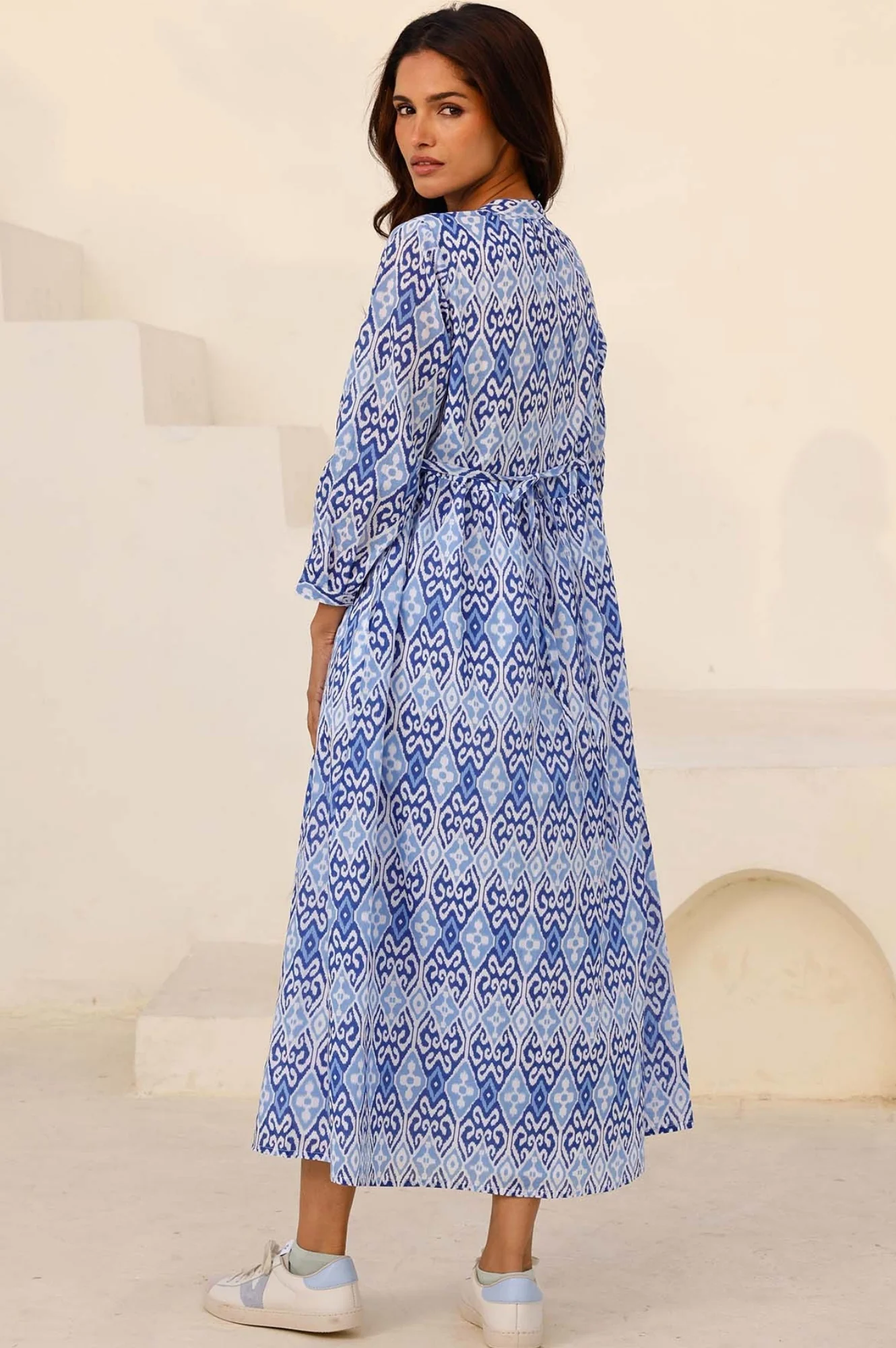 Mara Organic Cotton Dress | Mara Ikat White/Blue
