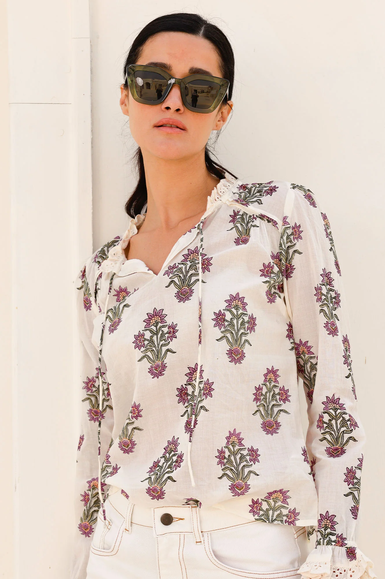 Rosie Organic Cotton Block Print Blouse | Antique Wildflower Cream/Red/Green