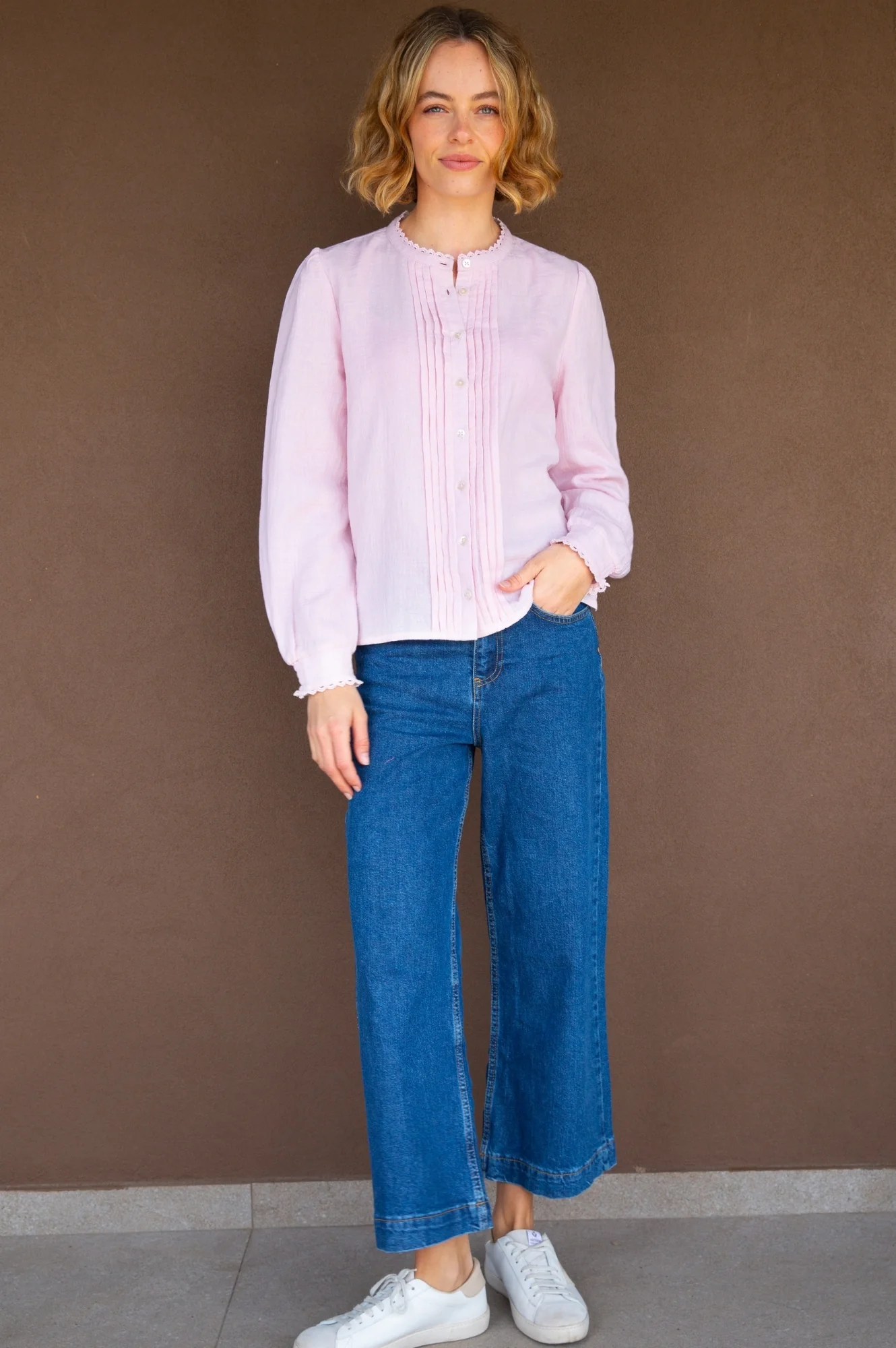 Holly Pin Tuck Organic Cotton Cheesecloth Long Sleeve Blouse | Blush Pink