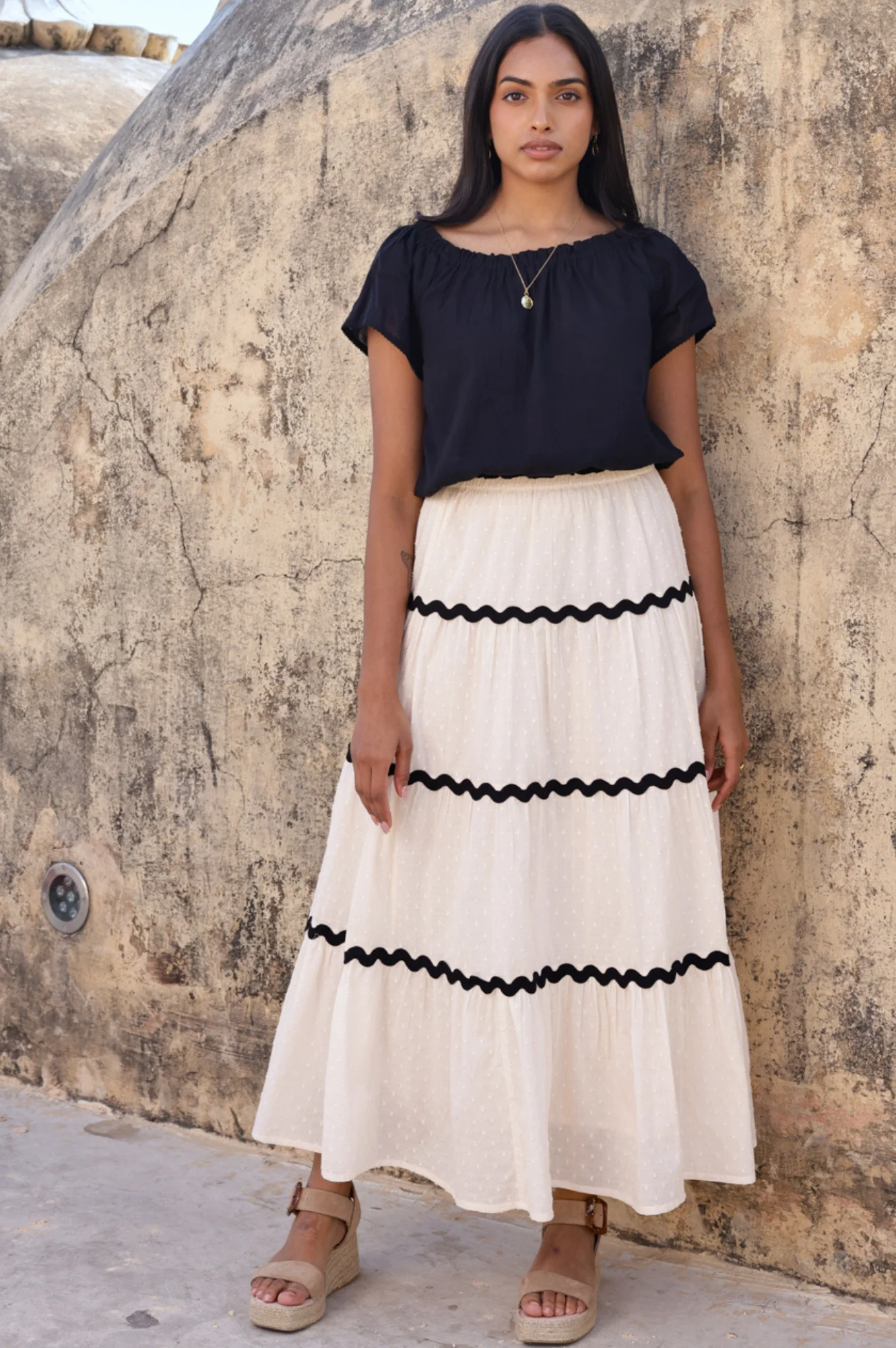 Organic Cotton Dobby Ric Rac Skirt | Antique Cream/Black