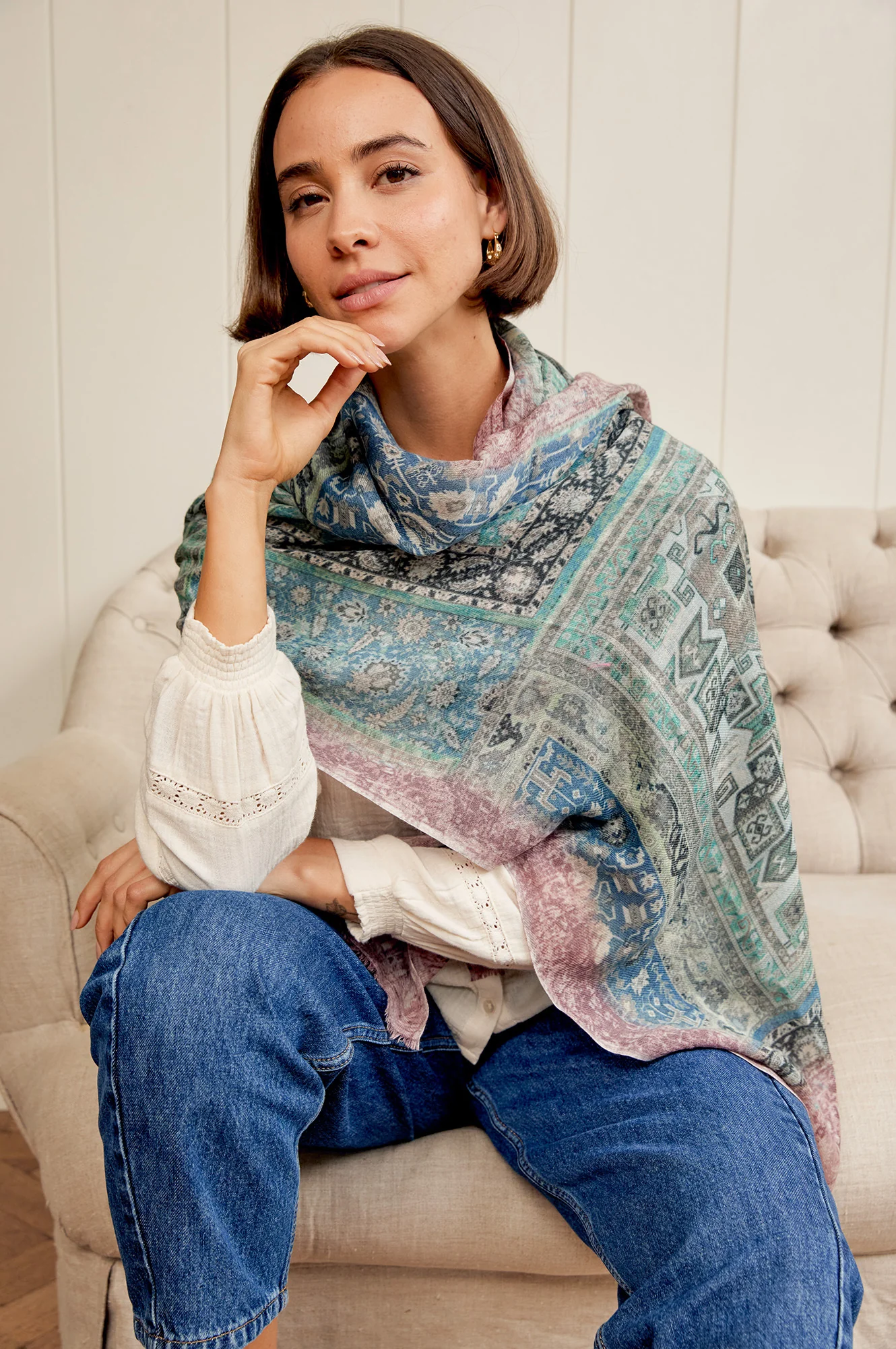 OMBRE Floral abstract scarf | Green/Beige