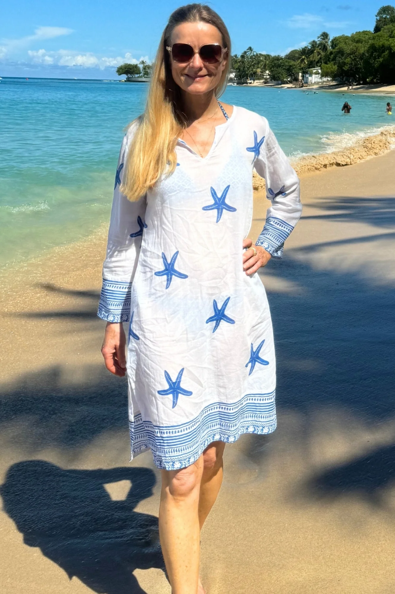 Guadalupe Short Organic Cotton Tunic | Starfish White/Cobalt