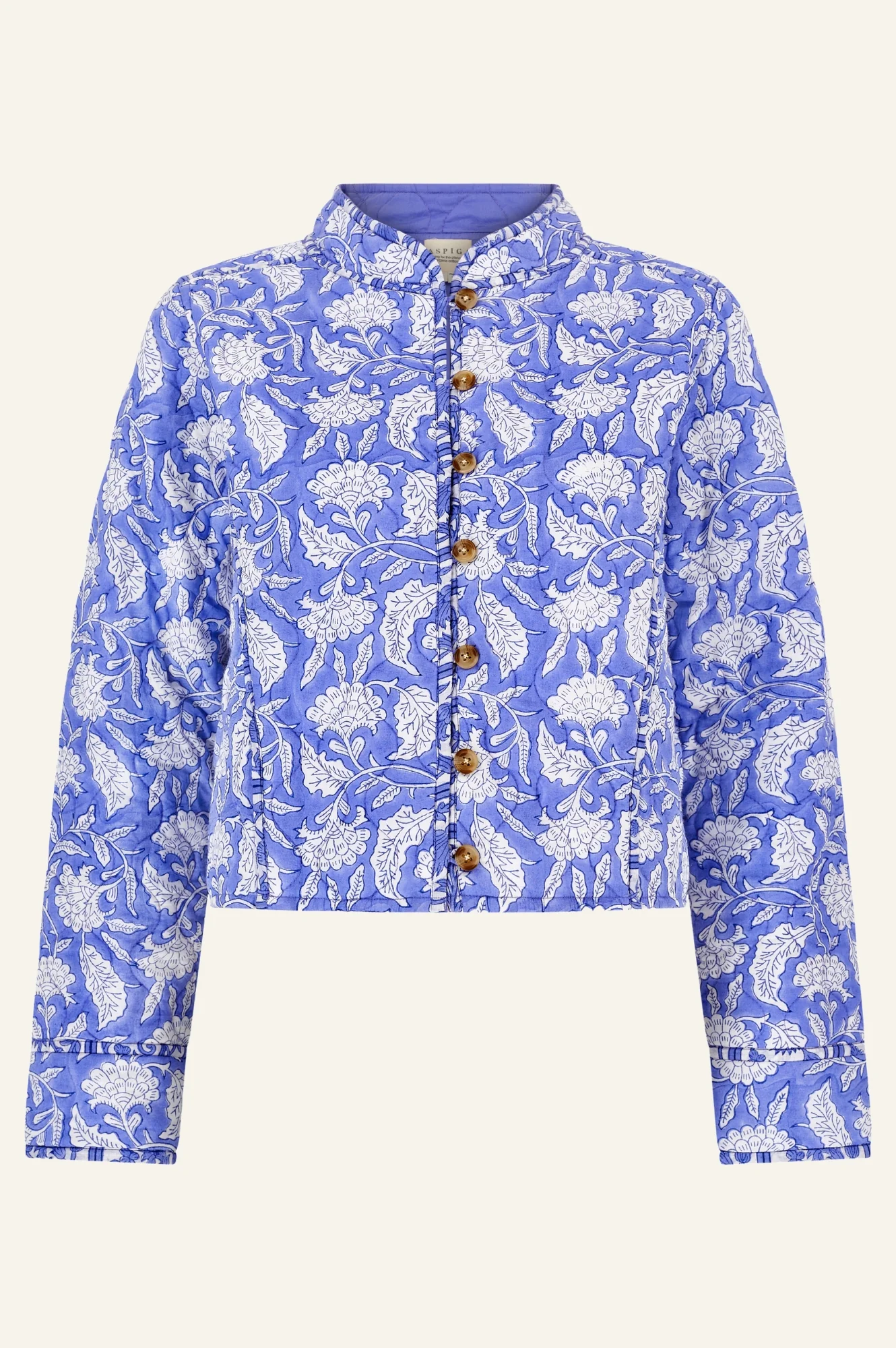 Polly Organic Cotton Block Print Quilted Jacket | Iris Blue/White