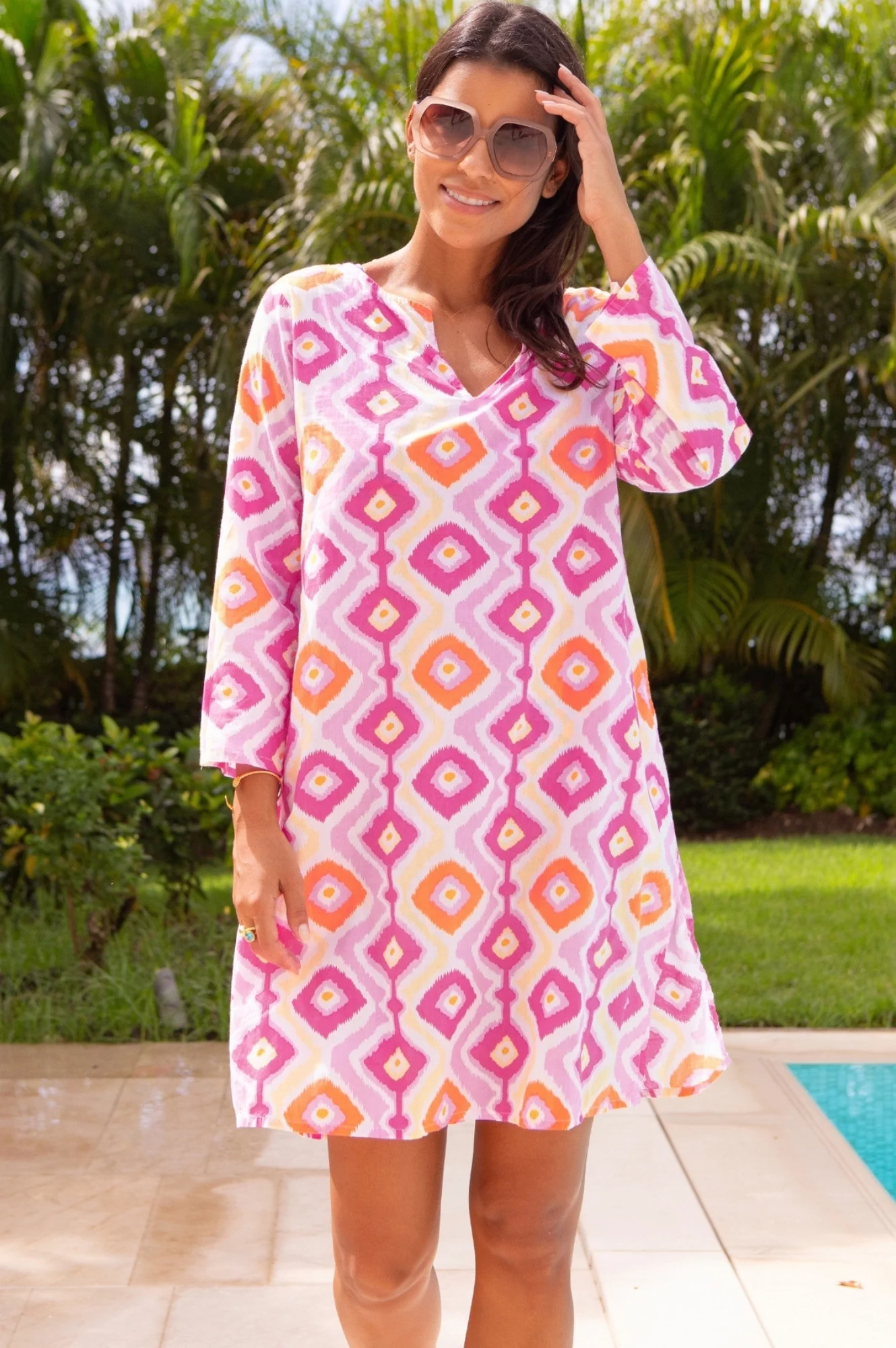 Guadalupe Organic Cotton Short Tunic | Diamond Ikat Pink/Yellow