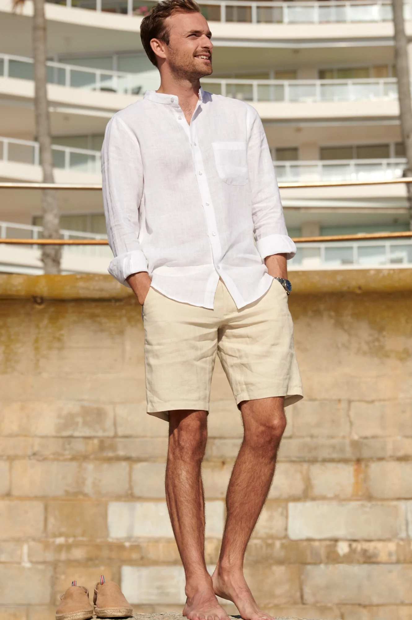 Men's Nehru Collar Linen Shirt | White