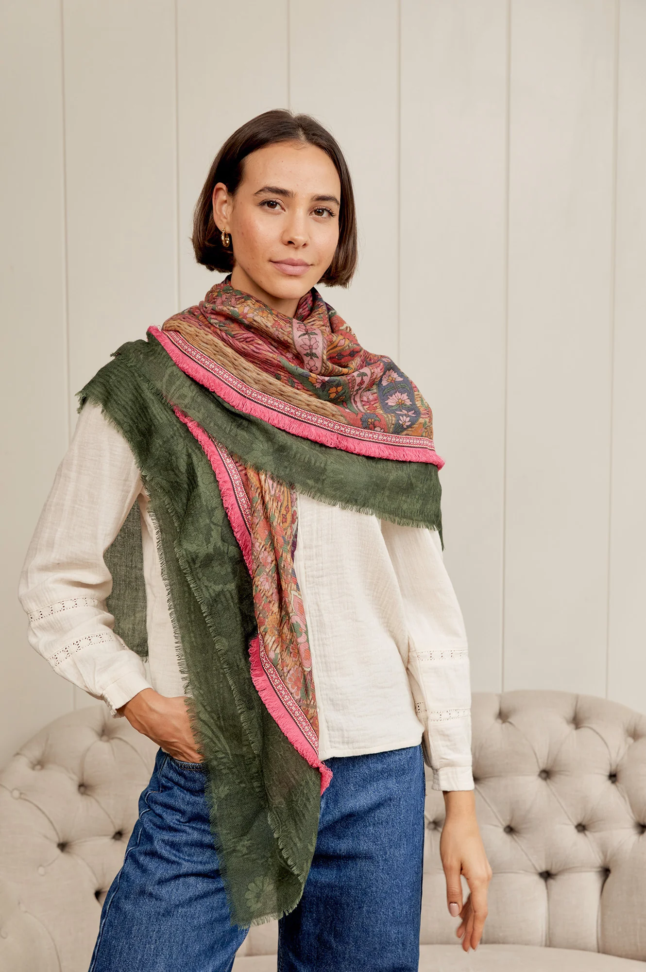 OMBRE Paisley Print Scarf | Khaki/Pink