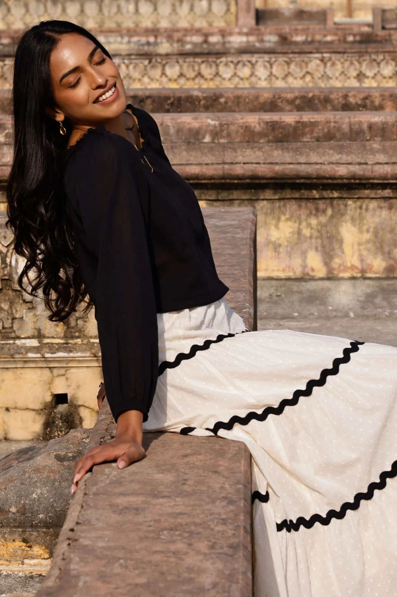 Ilana Long Sleeve Frill Gauze Top | Black