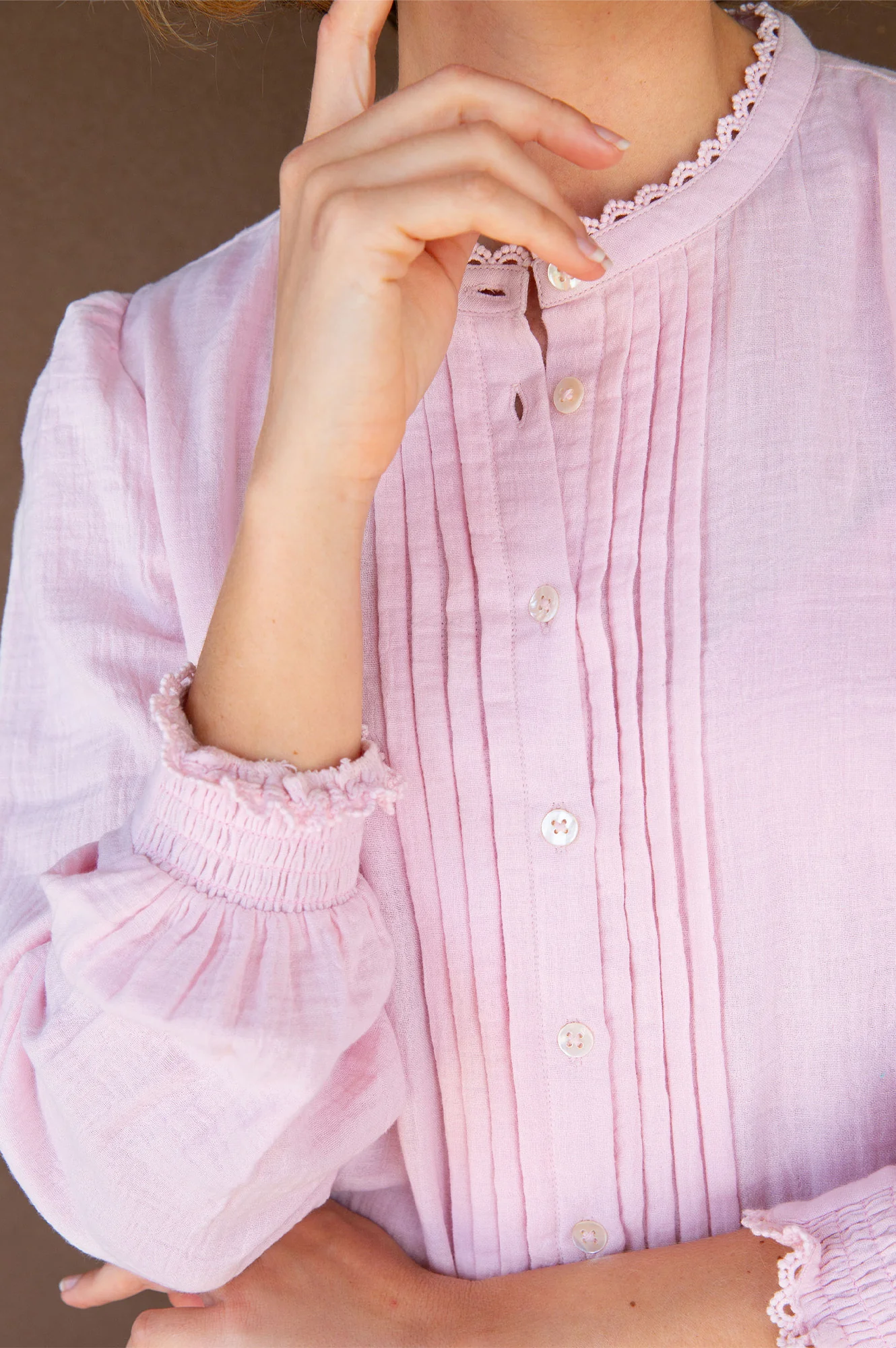 Holly Pin Tuck Organic Cotton Cheesecloth Long Sleeve Blouse | Blush Pink