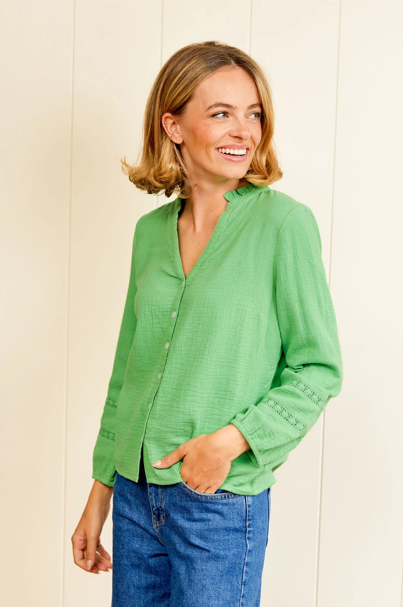 Mina Organic Cotton Cheesecloth Blouse | Green