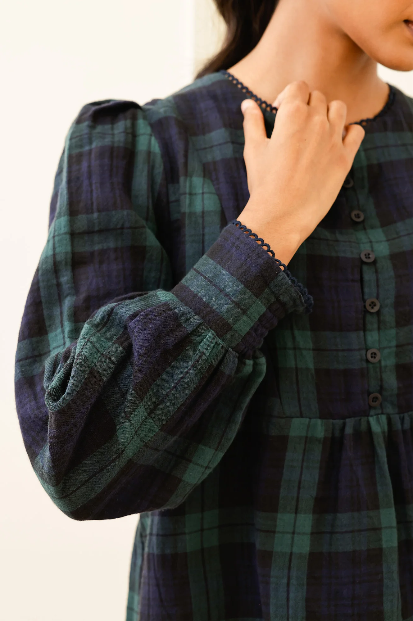 Checked Double Cloth Organic Cotton Blouse | Navy/Green