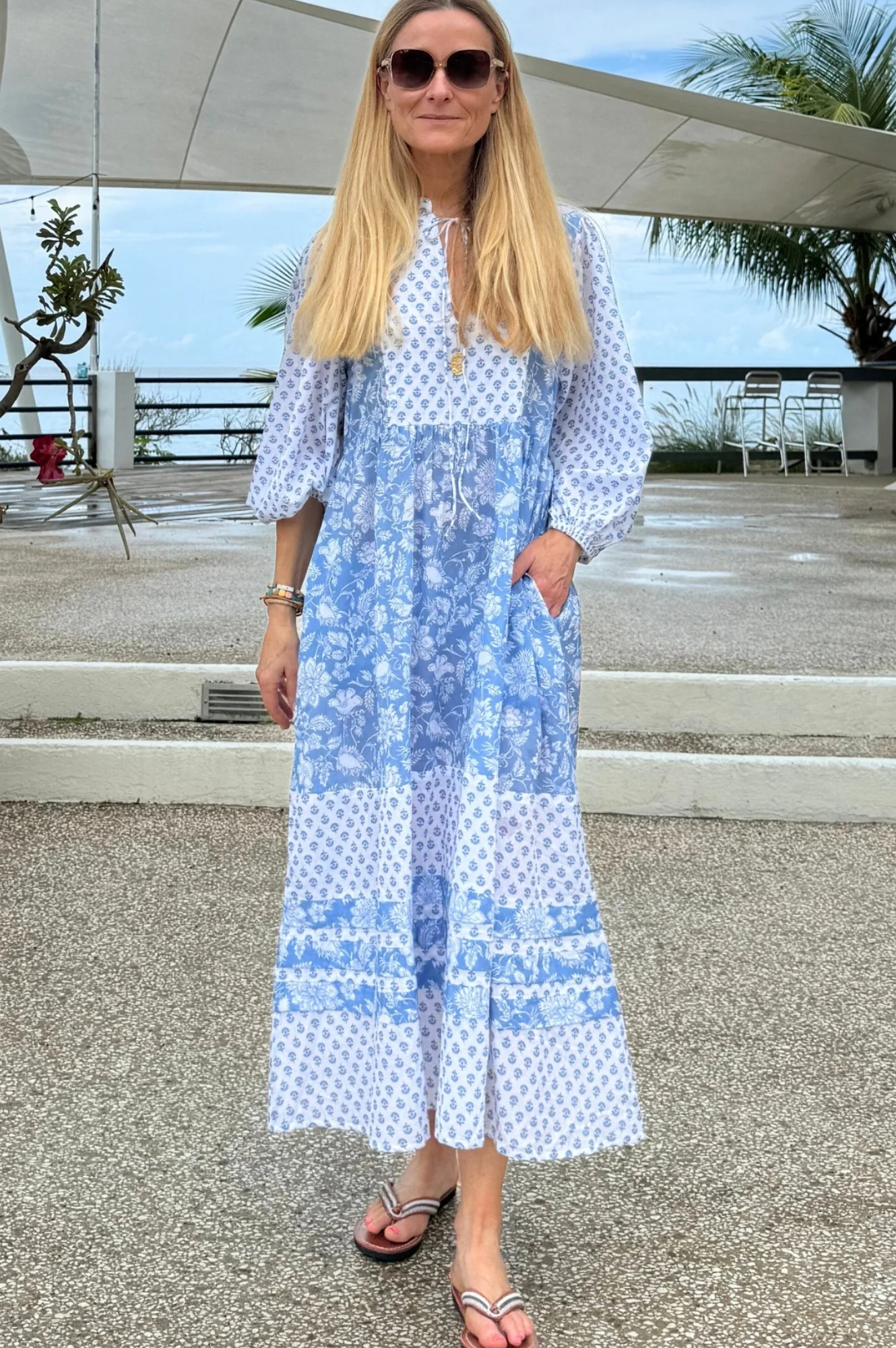 Martha Organic Cotton Print Mix Dress | Blossom Print Blue/White