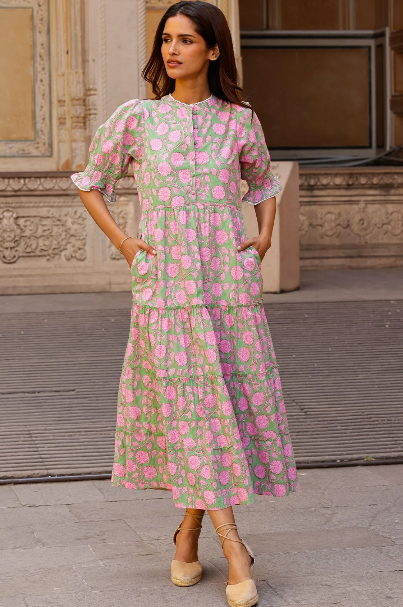 Cordelia Organic Cotton Block Print Dress | Mara Green/Pink