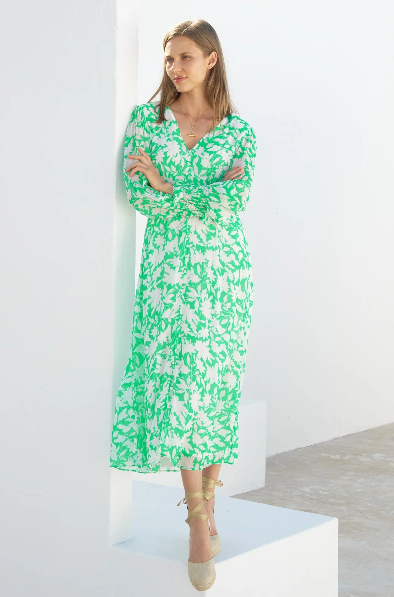 Long Sleeve Sally Anne Dress | Green/Ivory