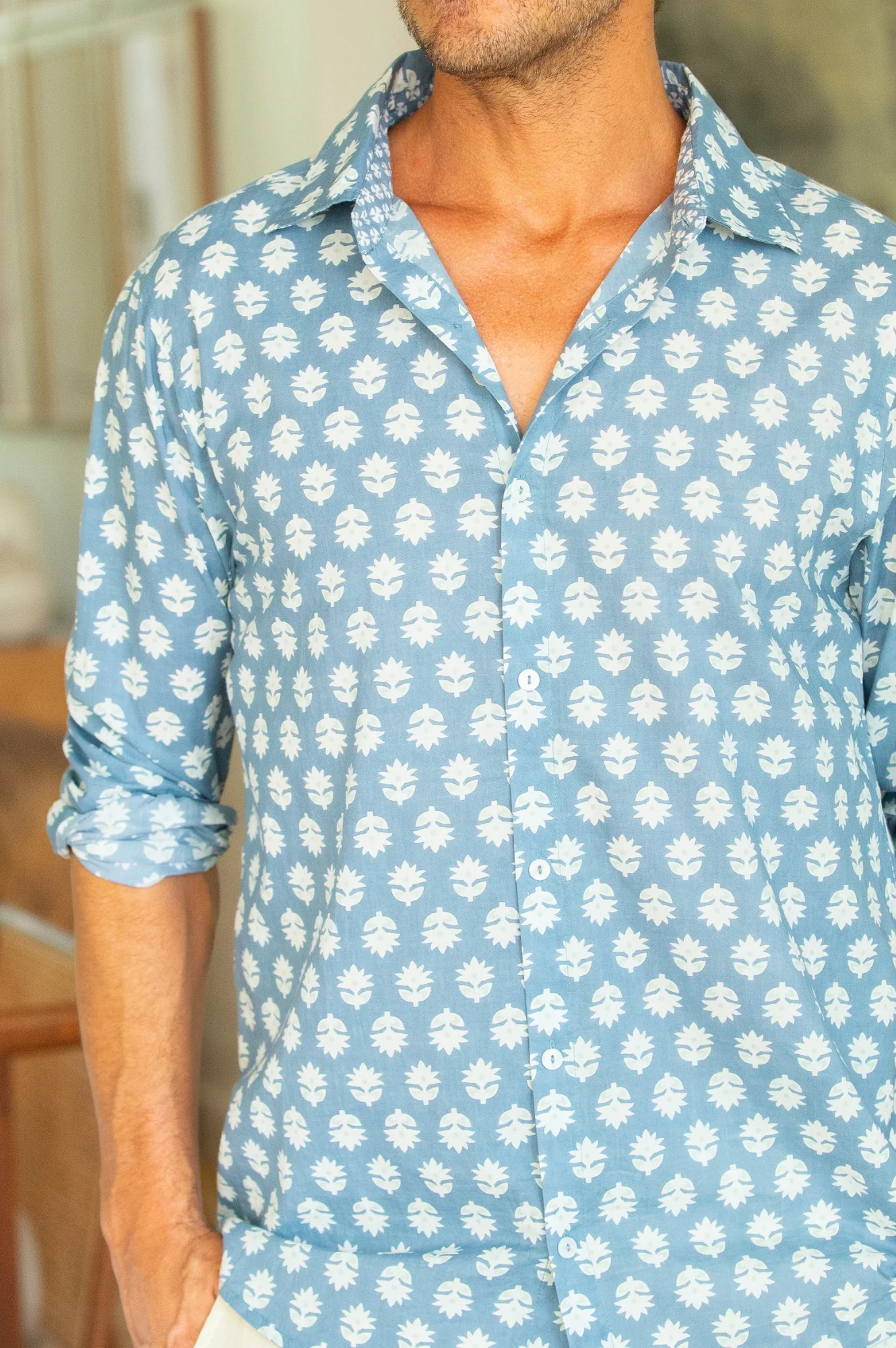 Men's Organic Cotton Shirt | Mini Sunflower Grey/Mint