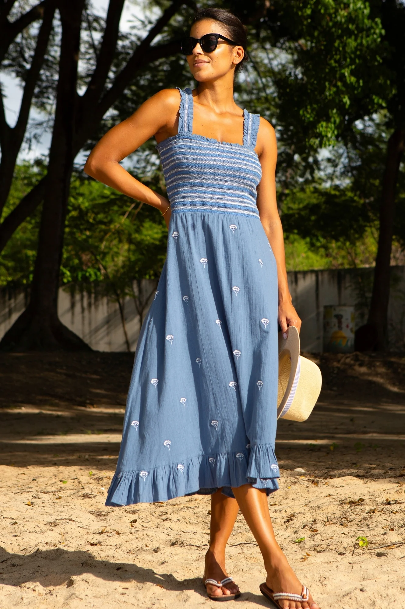 Rhianna Embroidered Dress | Blue/Grey/White