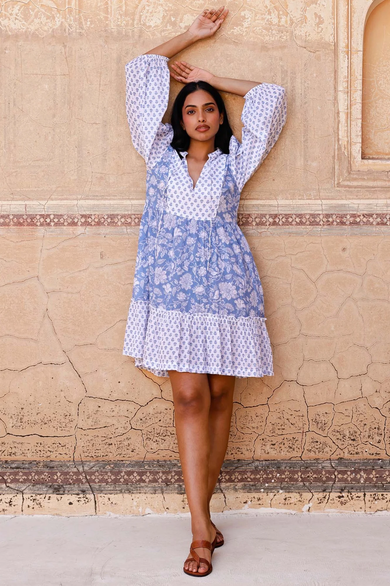 Marina Organic Cotton Print Mix Dress | Blossom Print Blue/White