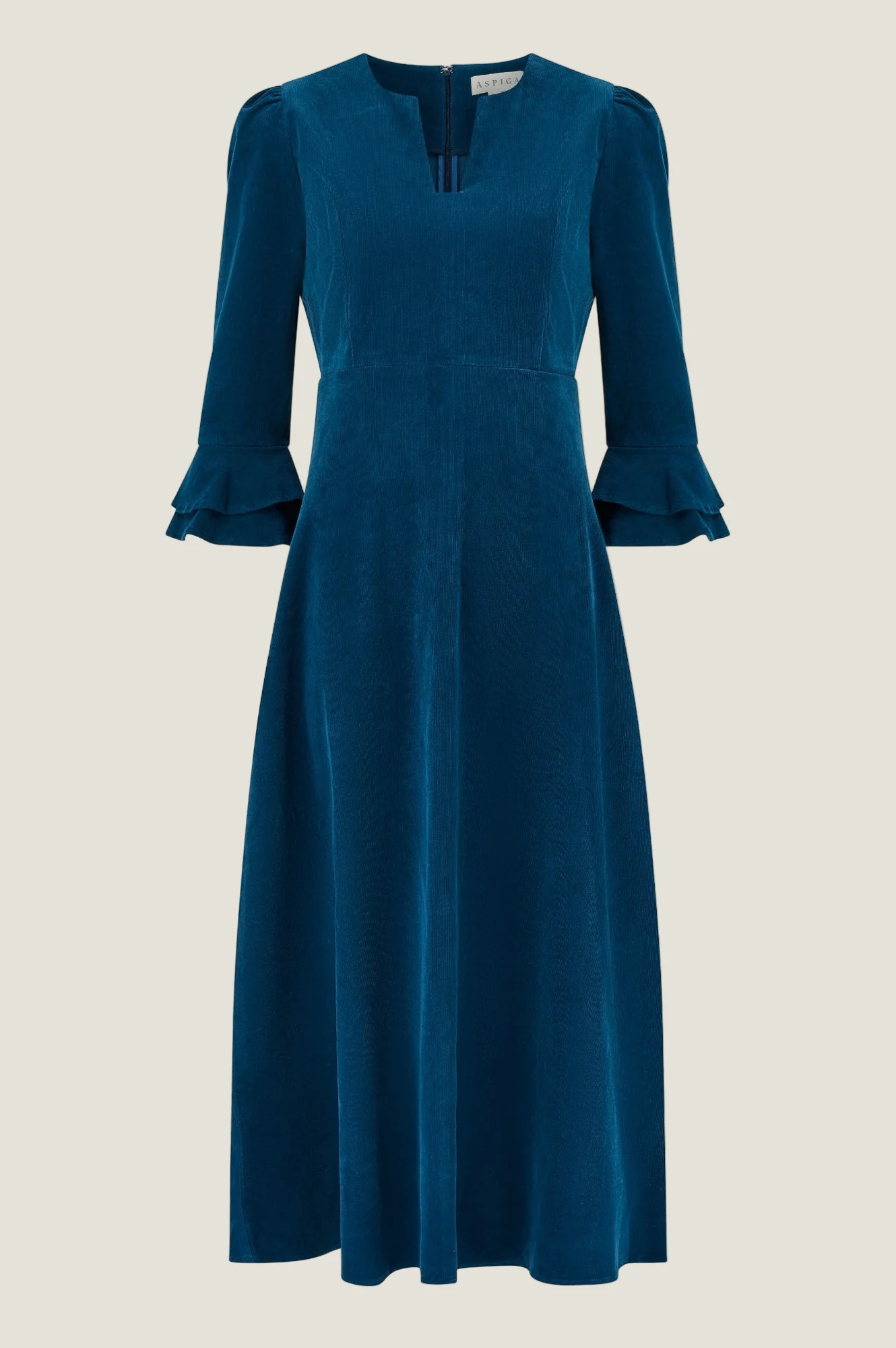 Jocelyn V-Neck 3/4 Sleeve Stretch Corduroy Dress | Peacock Blue