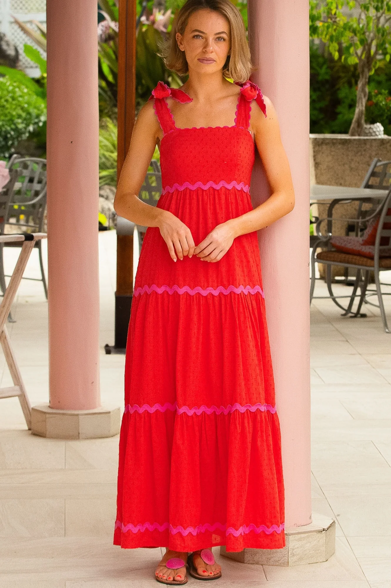 Tabitha Organic Cotton Dobby Ric Rac Dress | Red/Pink