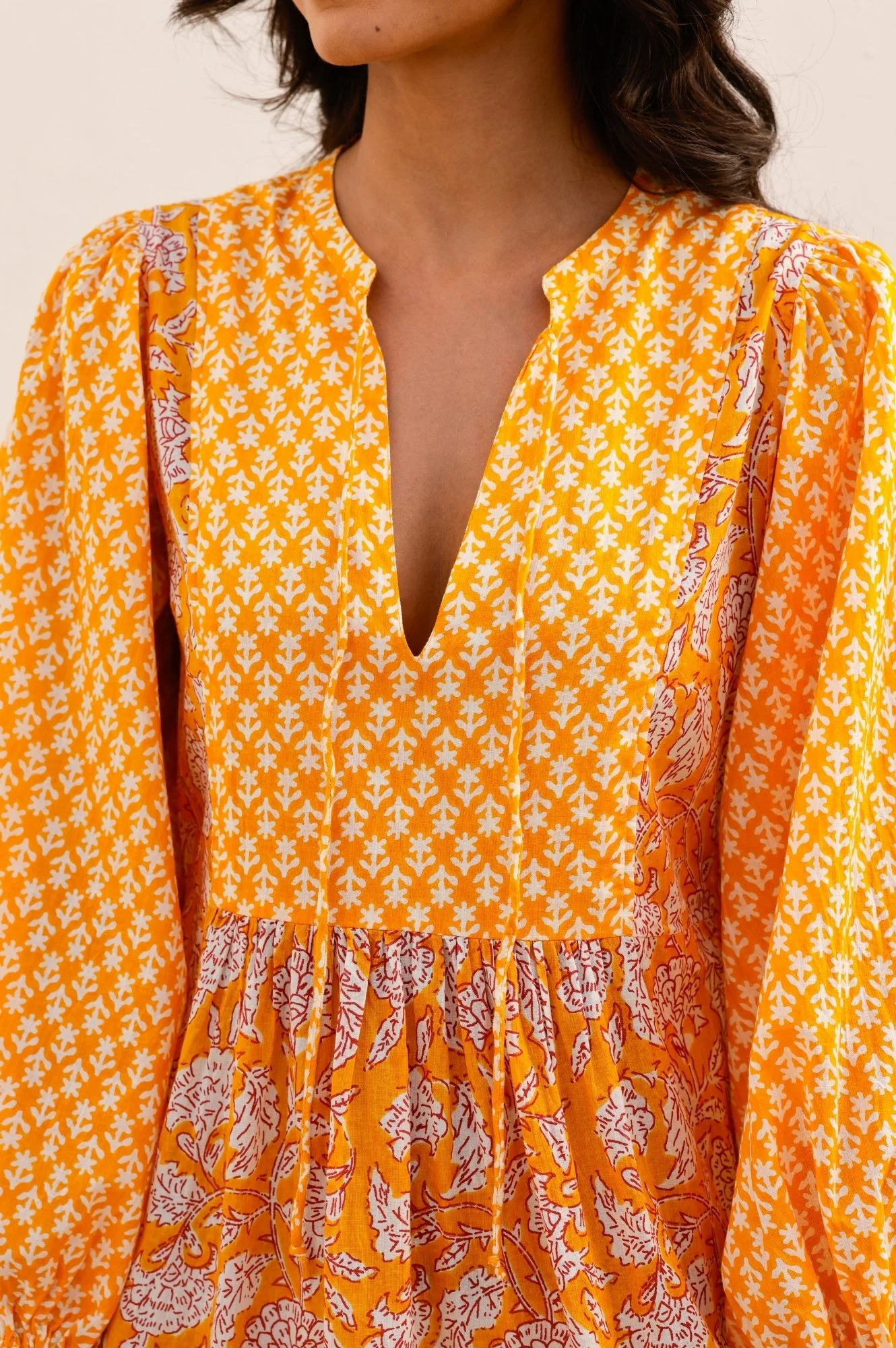 Marina Organic Cotton Print Mix Dress | Dianthus Print Yellow/White