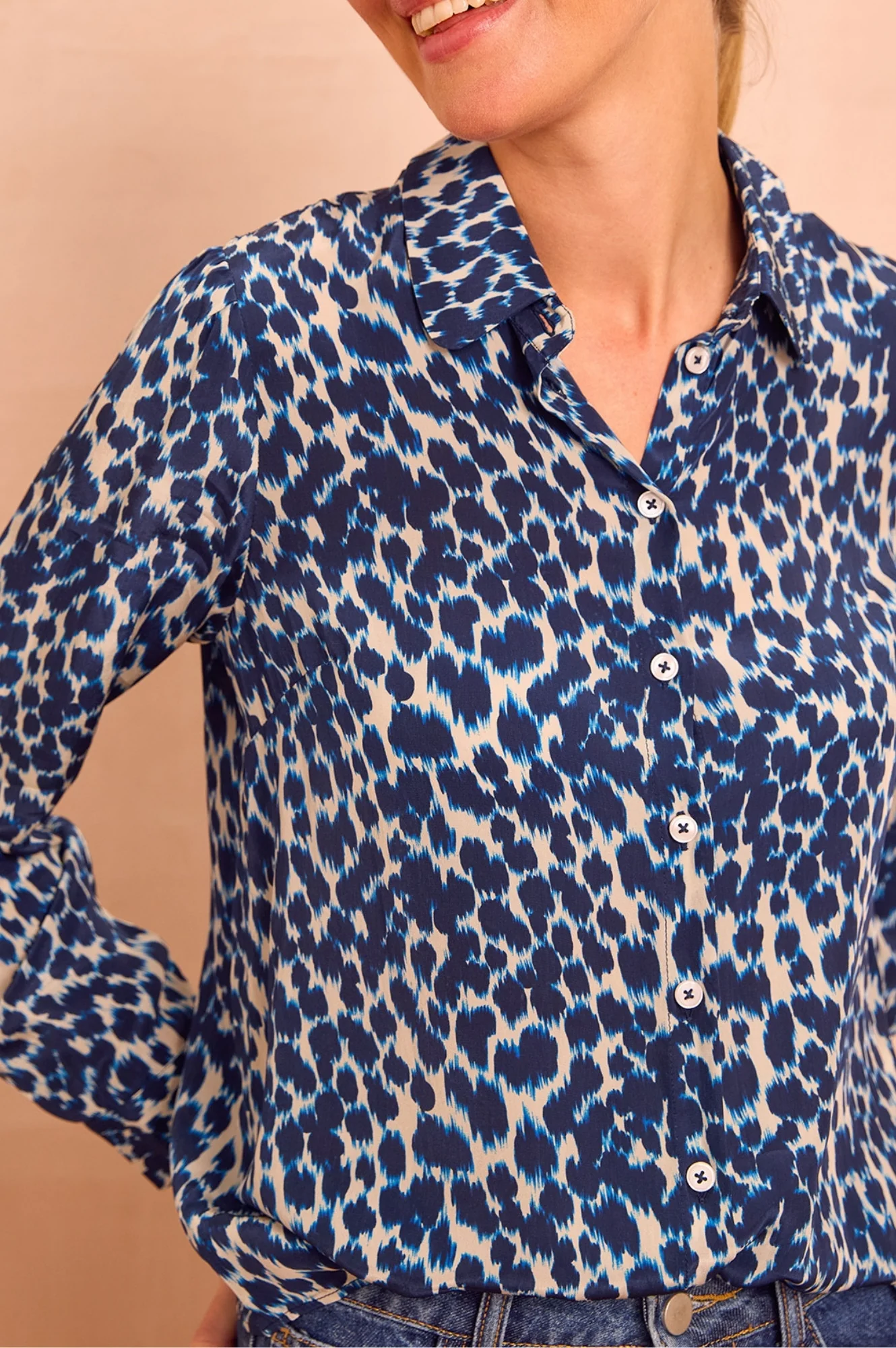 Milena Viscose Crepe Printed Shirt | Animal Ikat Navy/Cream