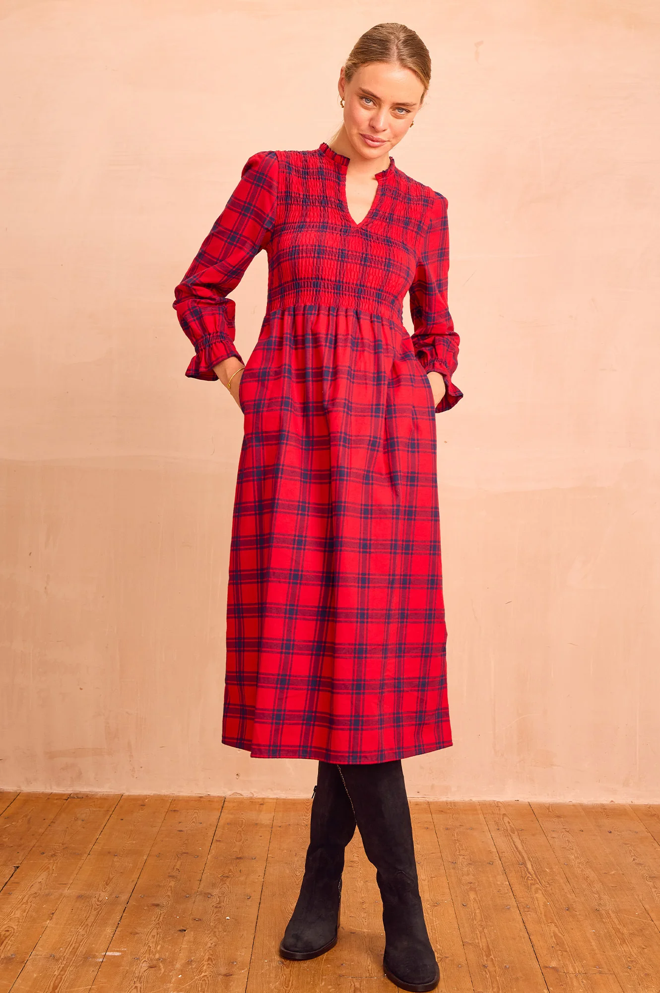 Laura Brushed Cotton Checked Dress | Red Check