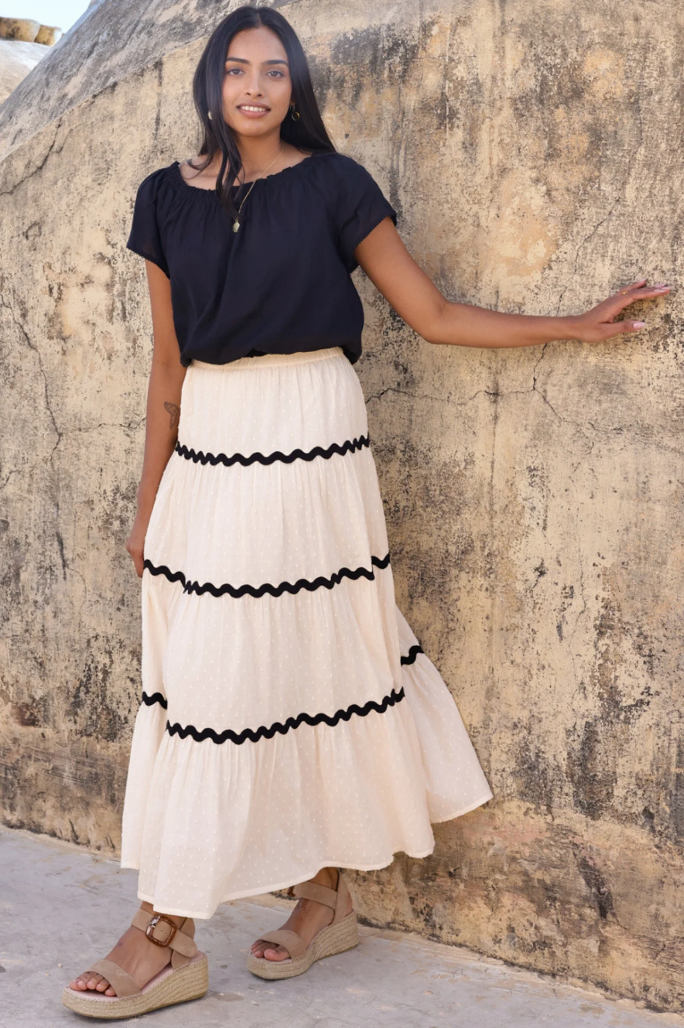 Organic Cotton Dobby Ric Rac Skirt | Antique Cream/Black