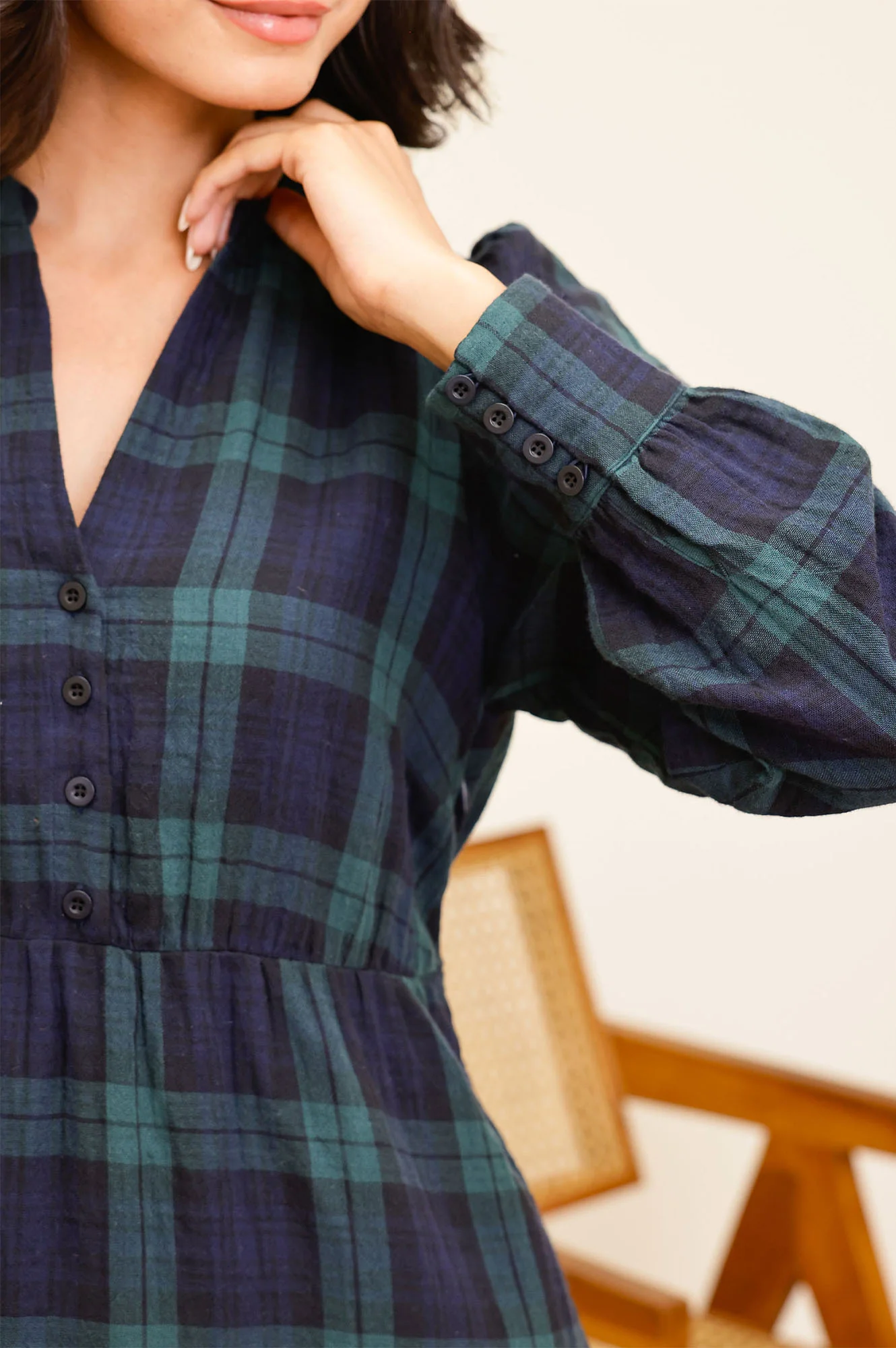 Harper Checked Double Cloth Organic Cotton Dress | Navy/Green