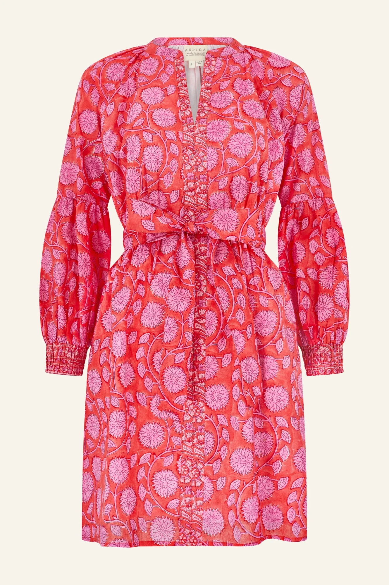 Cara Organic Cotton Block Print Short Dress | Mara Red/Pink