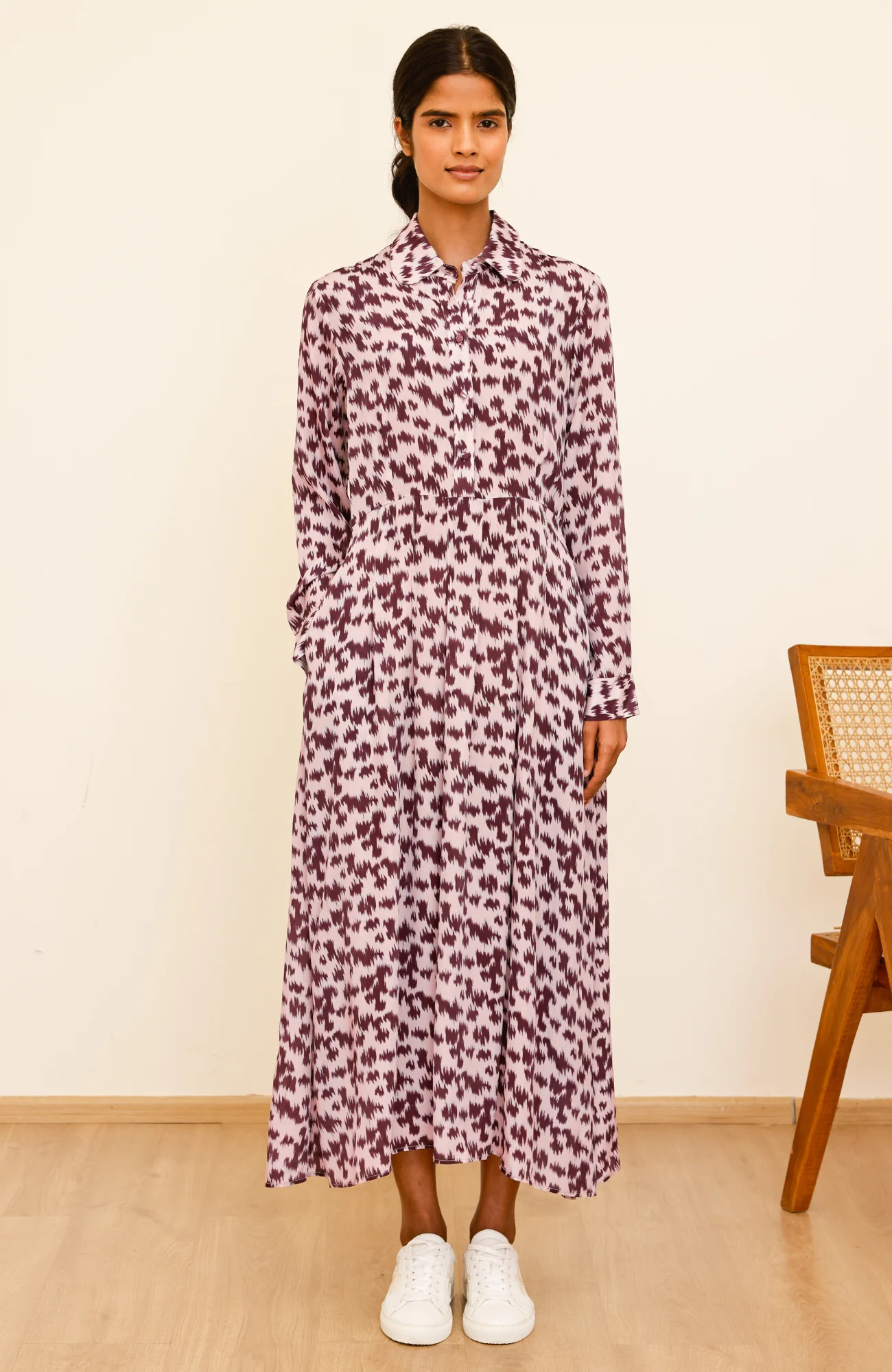 Minette Viscose Crepe Printed Shirt Dress | Animal Ikat Fig