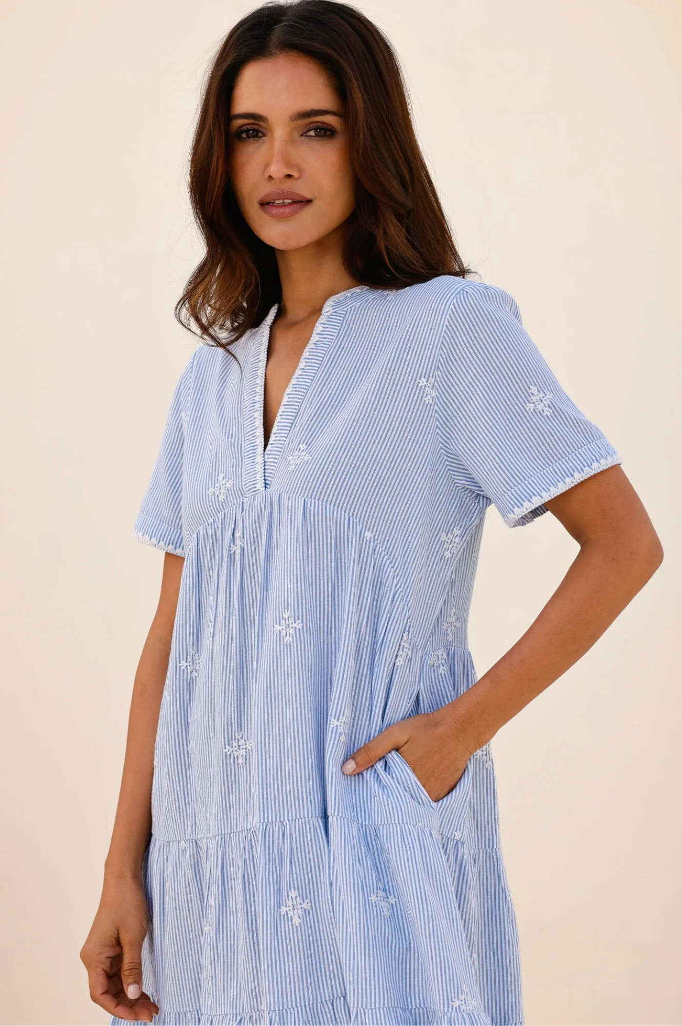 India Embroidered Organic Cotton Dress | Stripe Blue/White