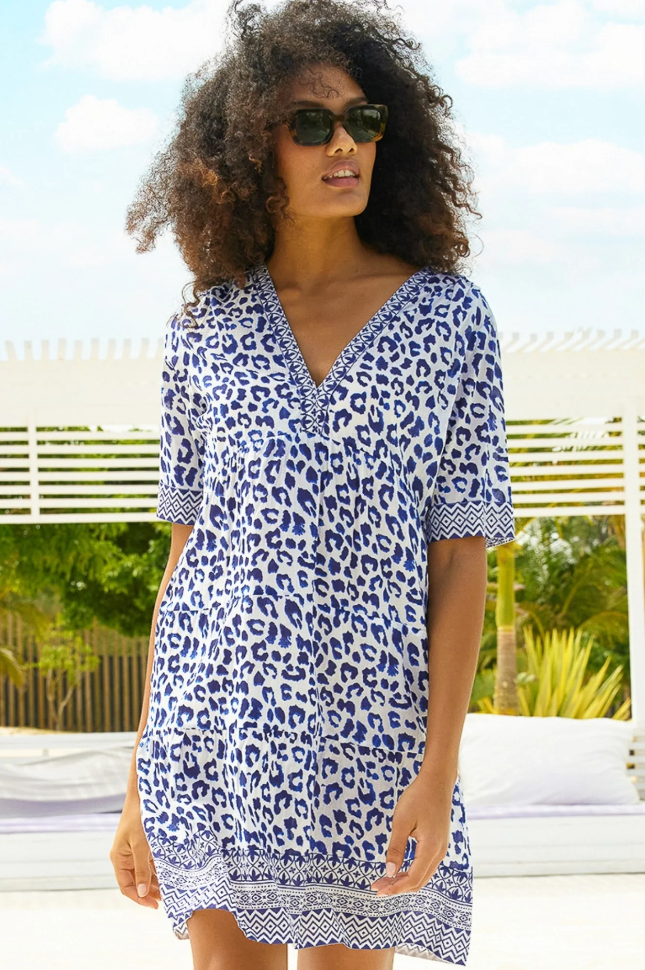 Santorini Cotton Kaftan | Soft Cheetah White/Navy