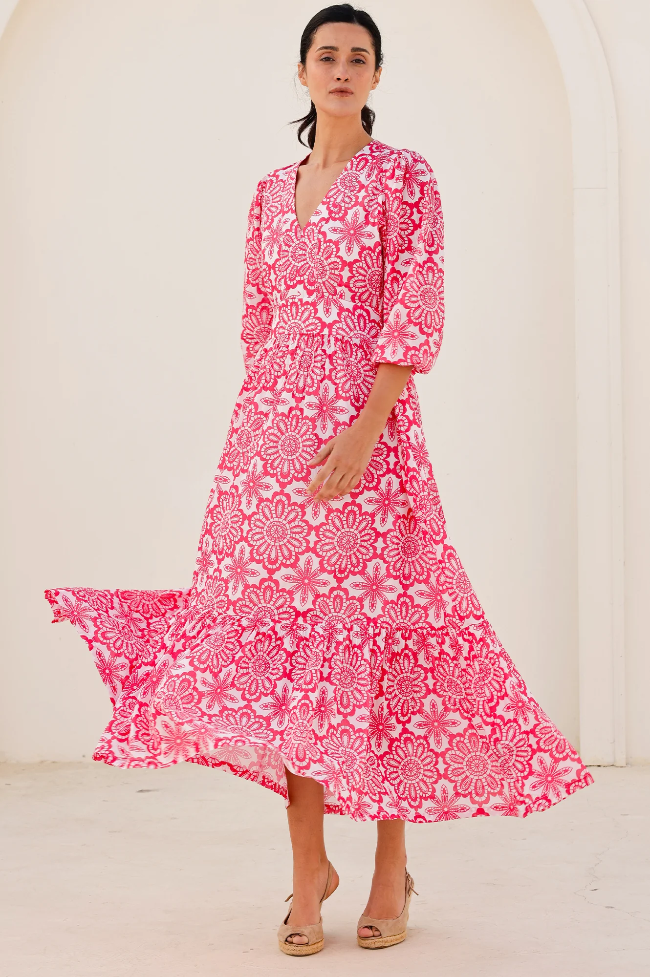 Annie Maxi Organic Cotton Dress | Lace Floral White/Pink