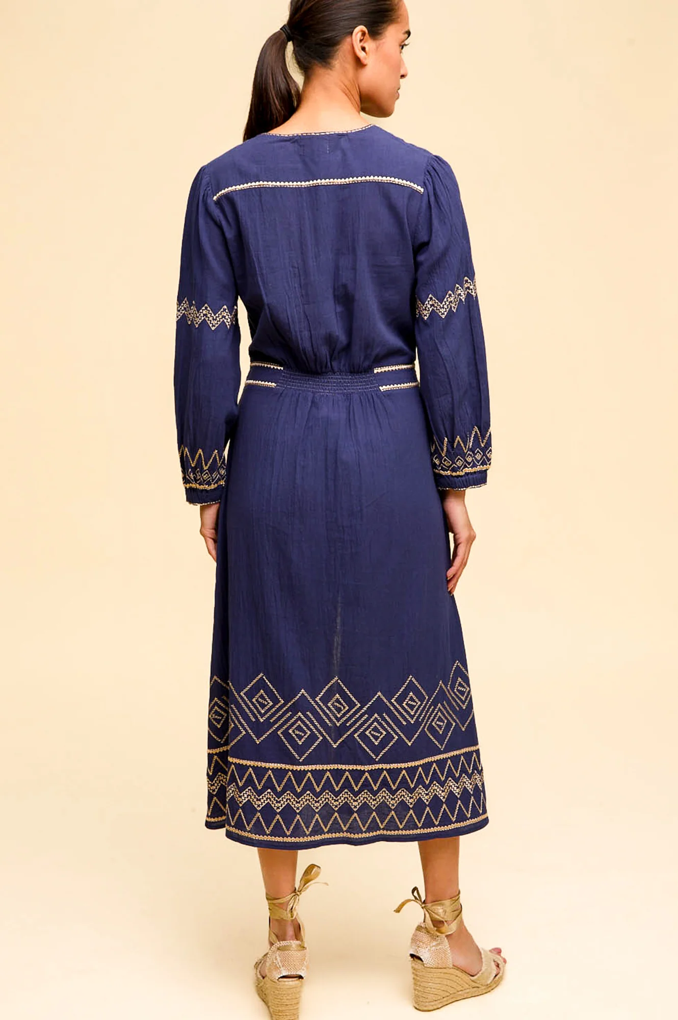 Jamila Embroidered Dress | Navy/Gold
