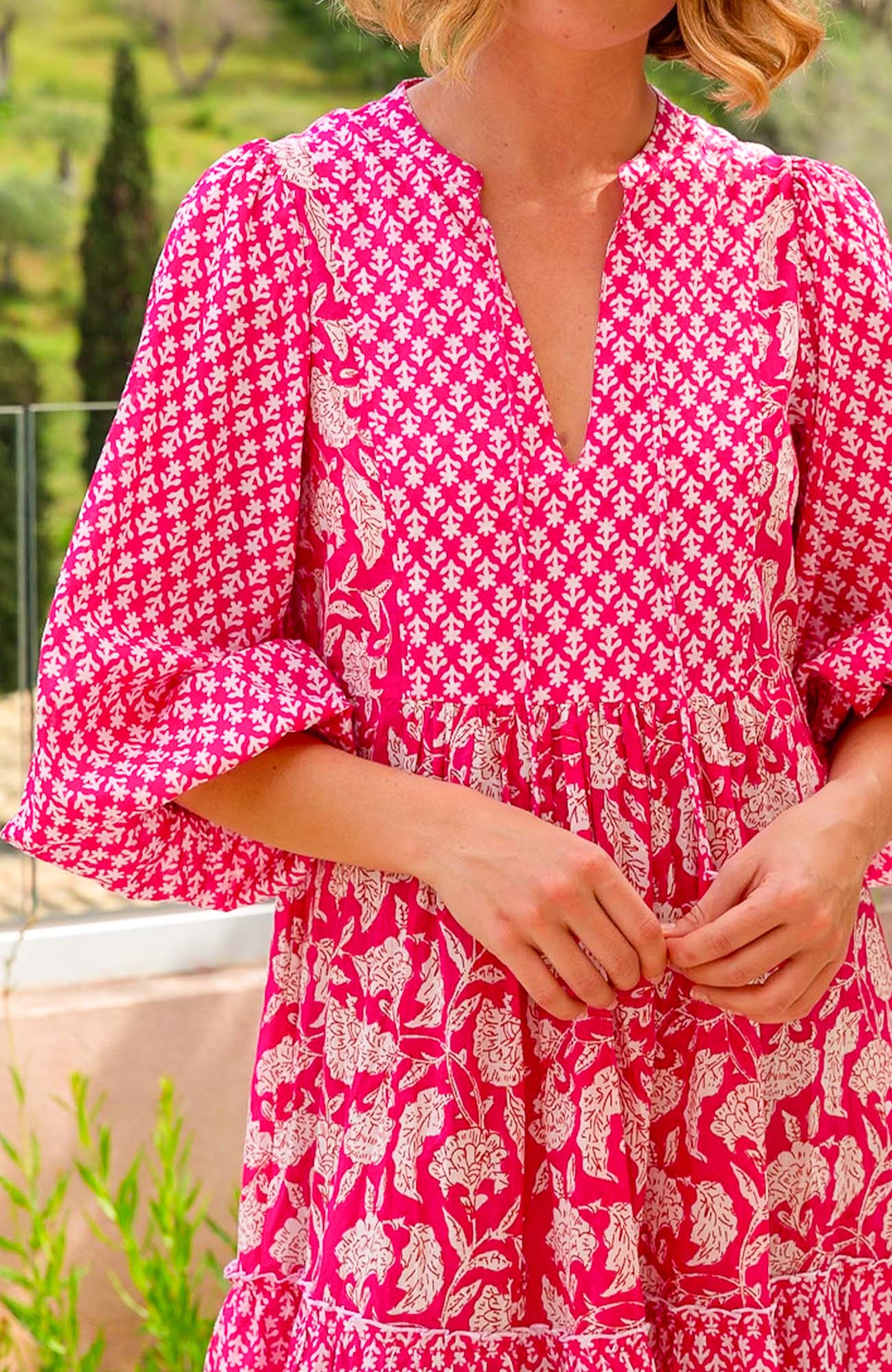 Marina Organic Cotton Print Mix Dress | Dianthus Print Pink/White