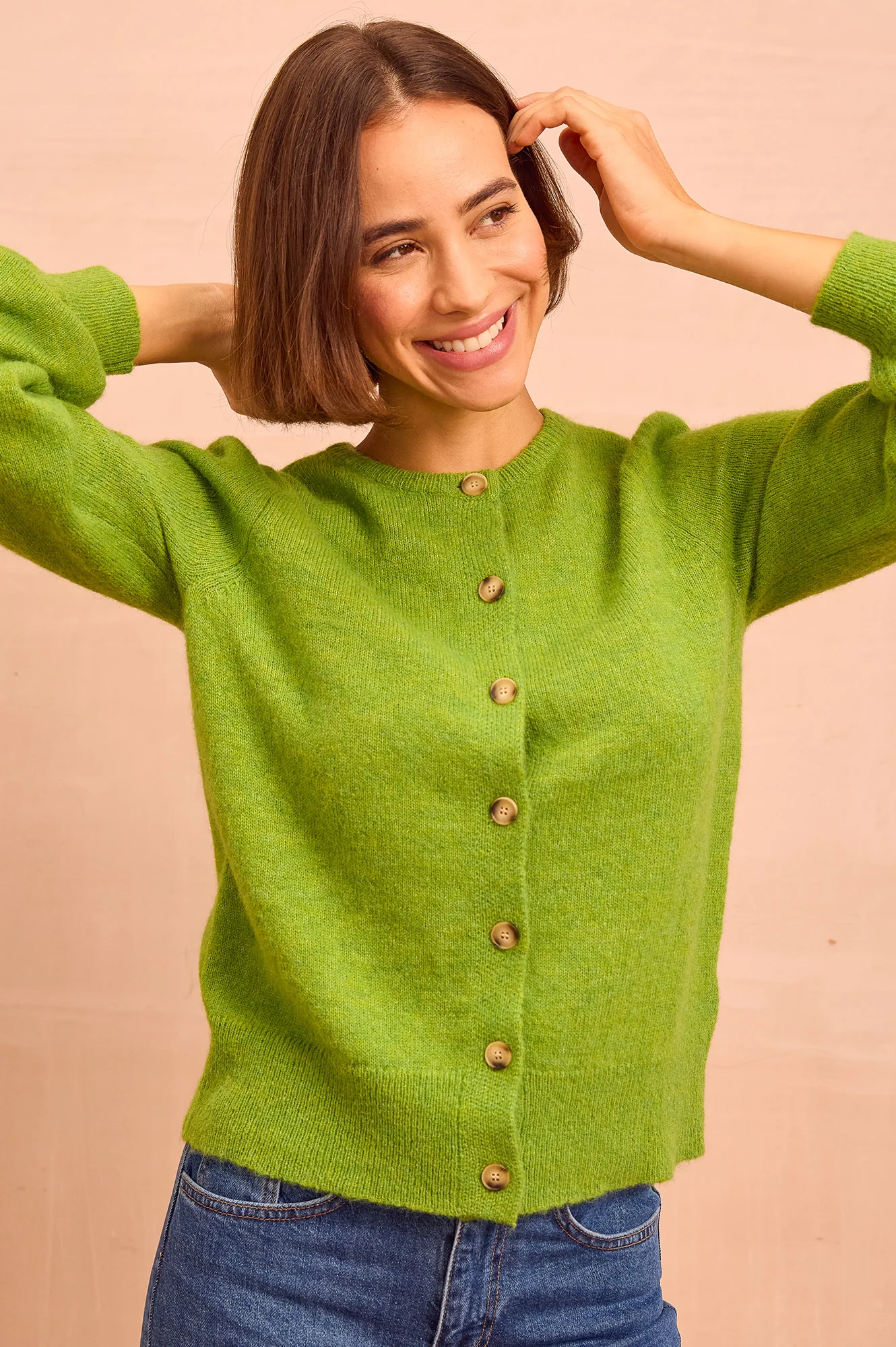Alpaca Blend Puff Sleeve Cardigan | Green