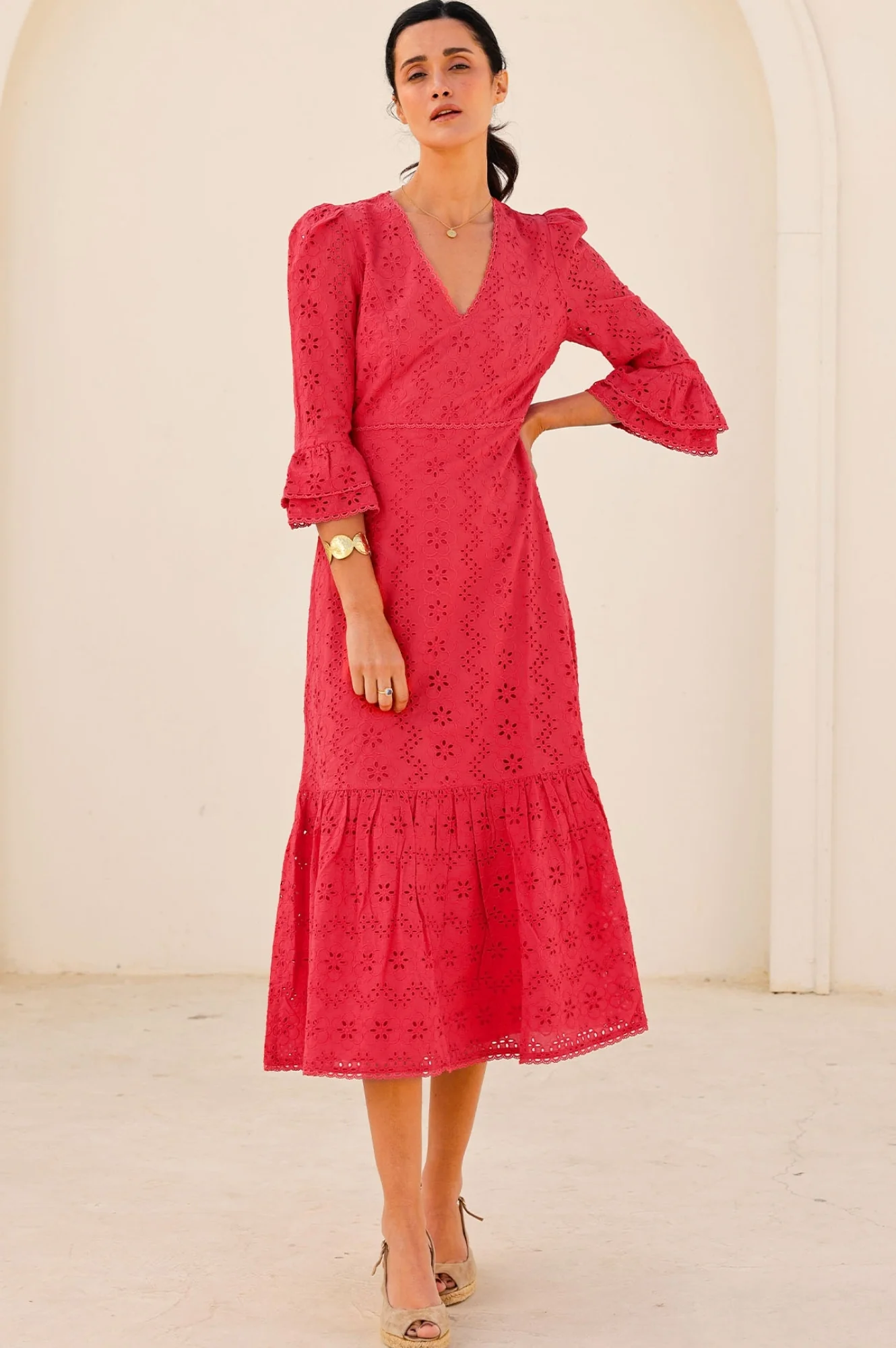Victoria Cotton Broderie Dress | Red