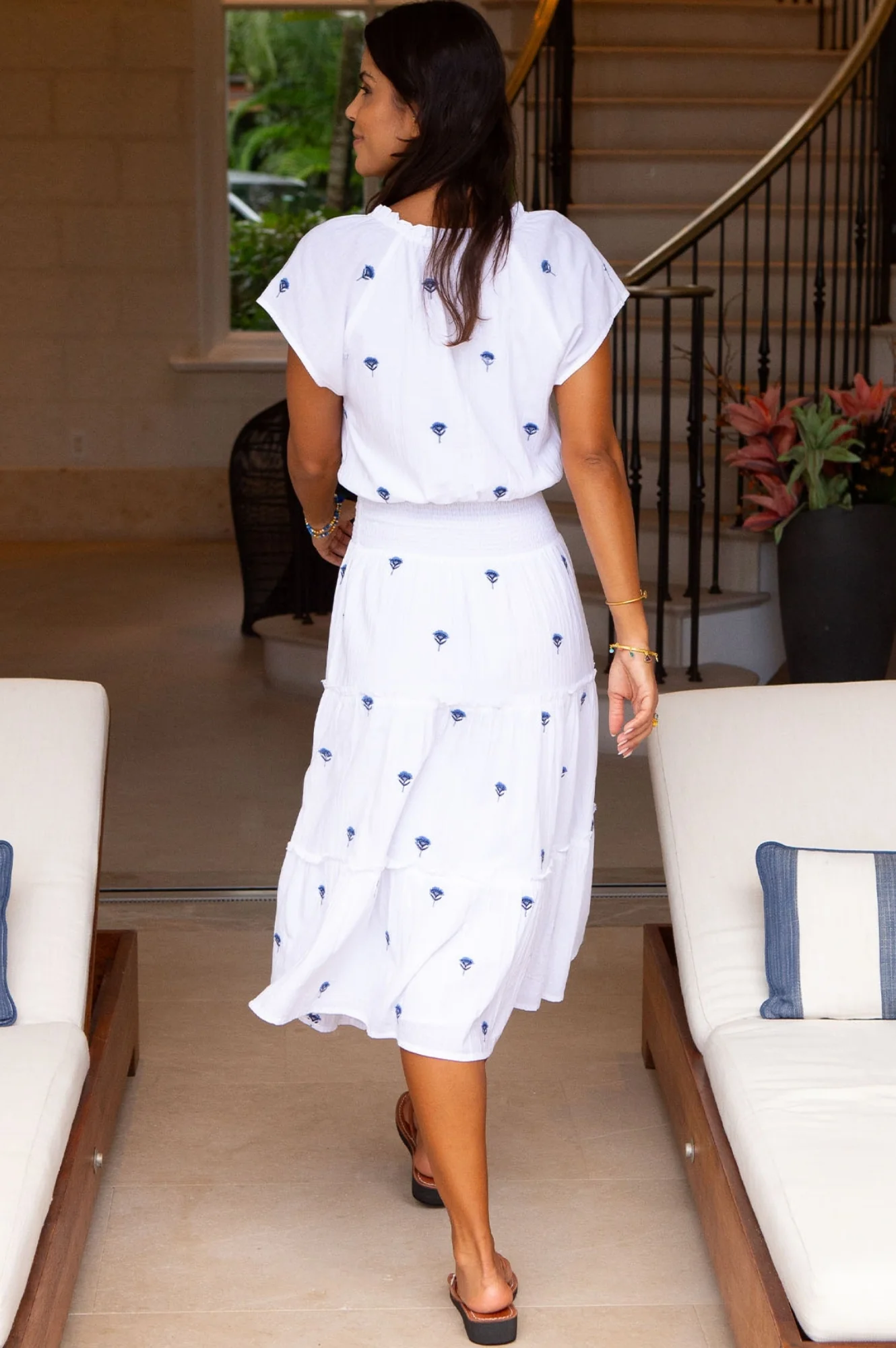 Riley Embroidered Organic Cotton Dress | White/Blue