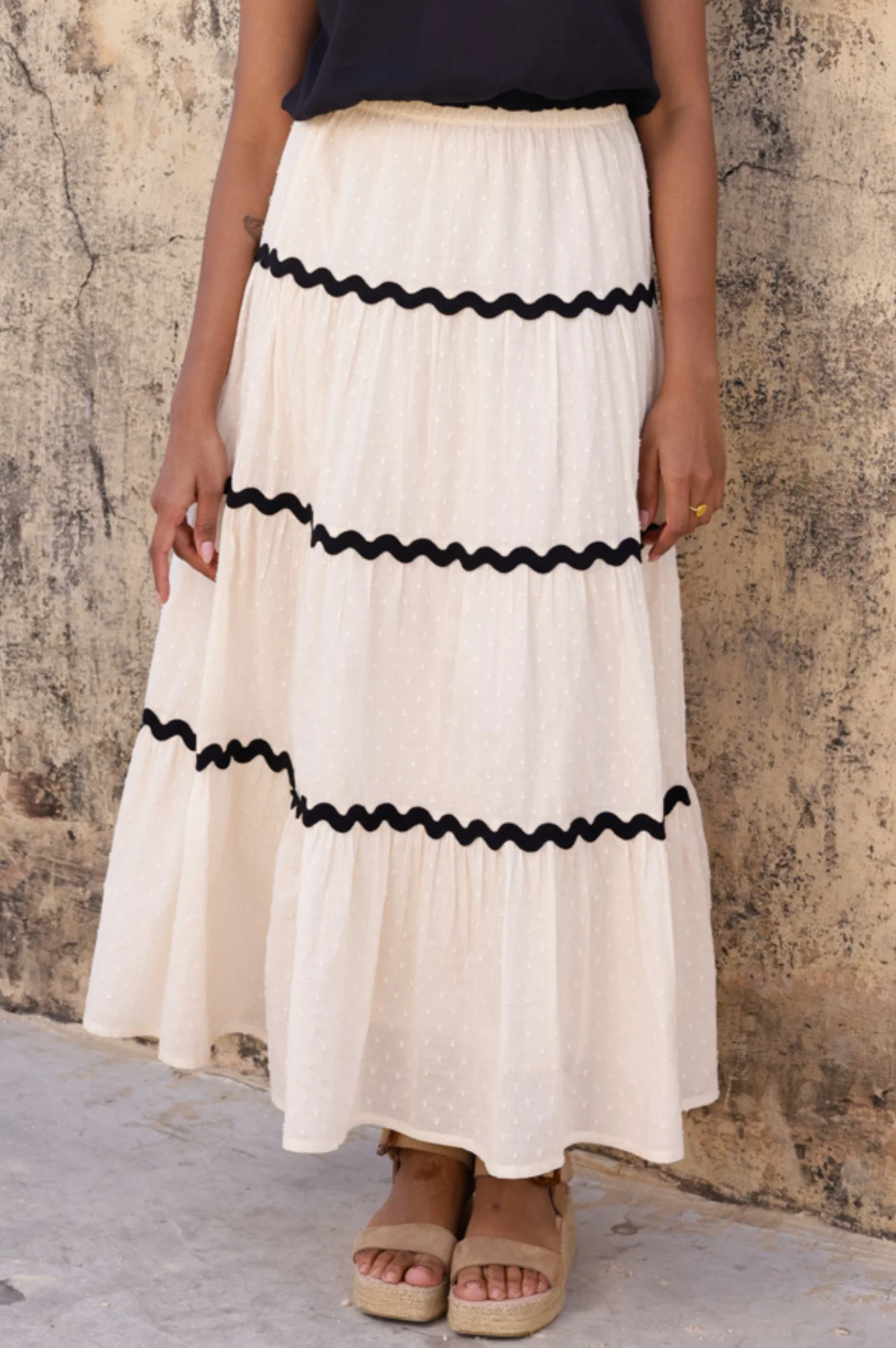 Organic Cotton Dobby Ric Rac Skirt | Antique Cream/Black