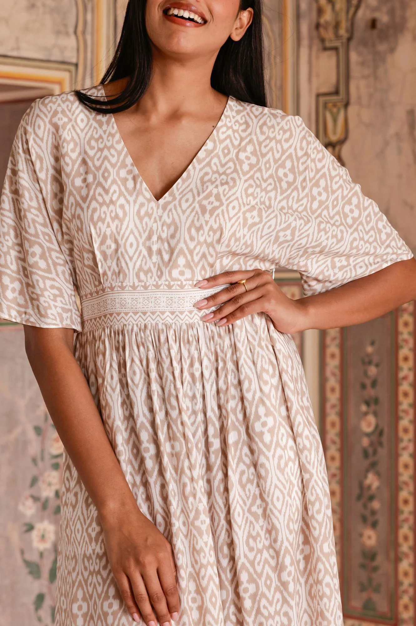 Lena EcoVero™ Dress | Taupe/White