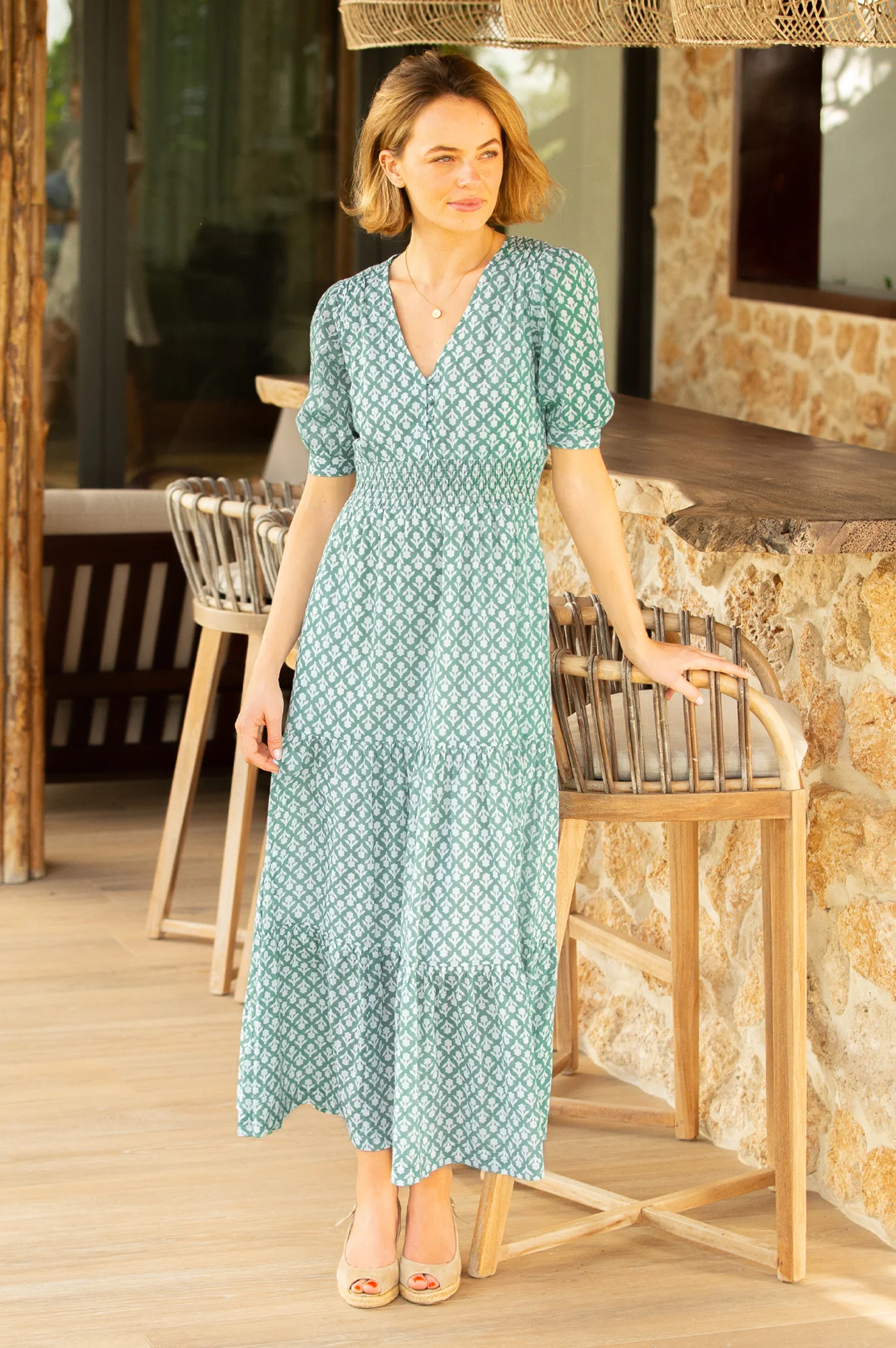 Billie Short Sleeve Organic Cotton Dress | Flower Stamp Sage/White